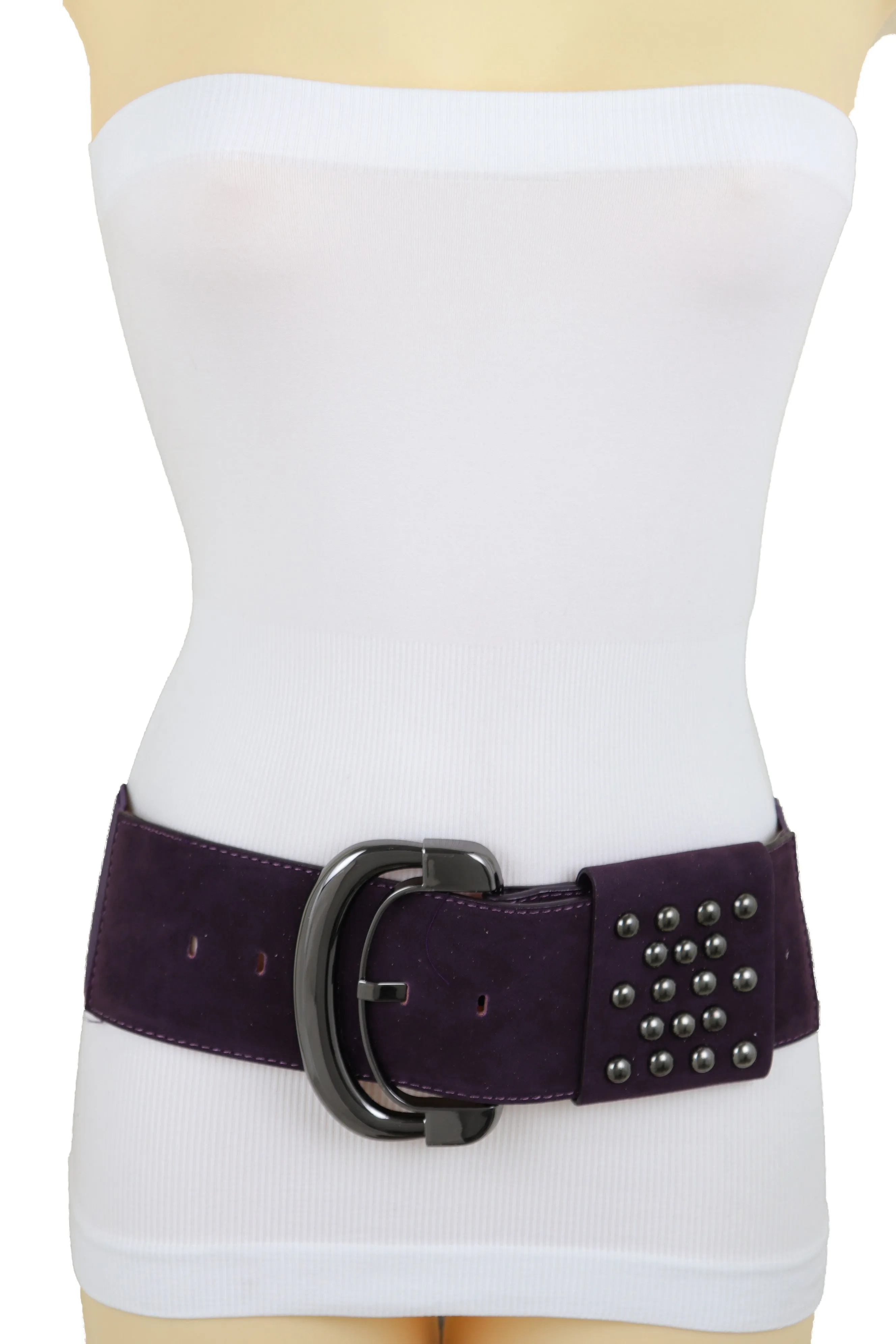 Wide Dark Purple Faux Leather Fashion Elastic Belt Metal Studs Buckle Fit Size S M