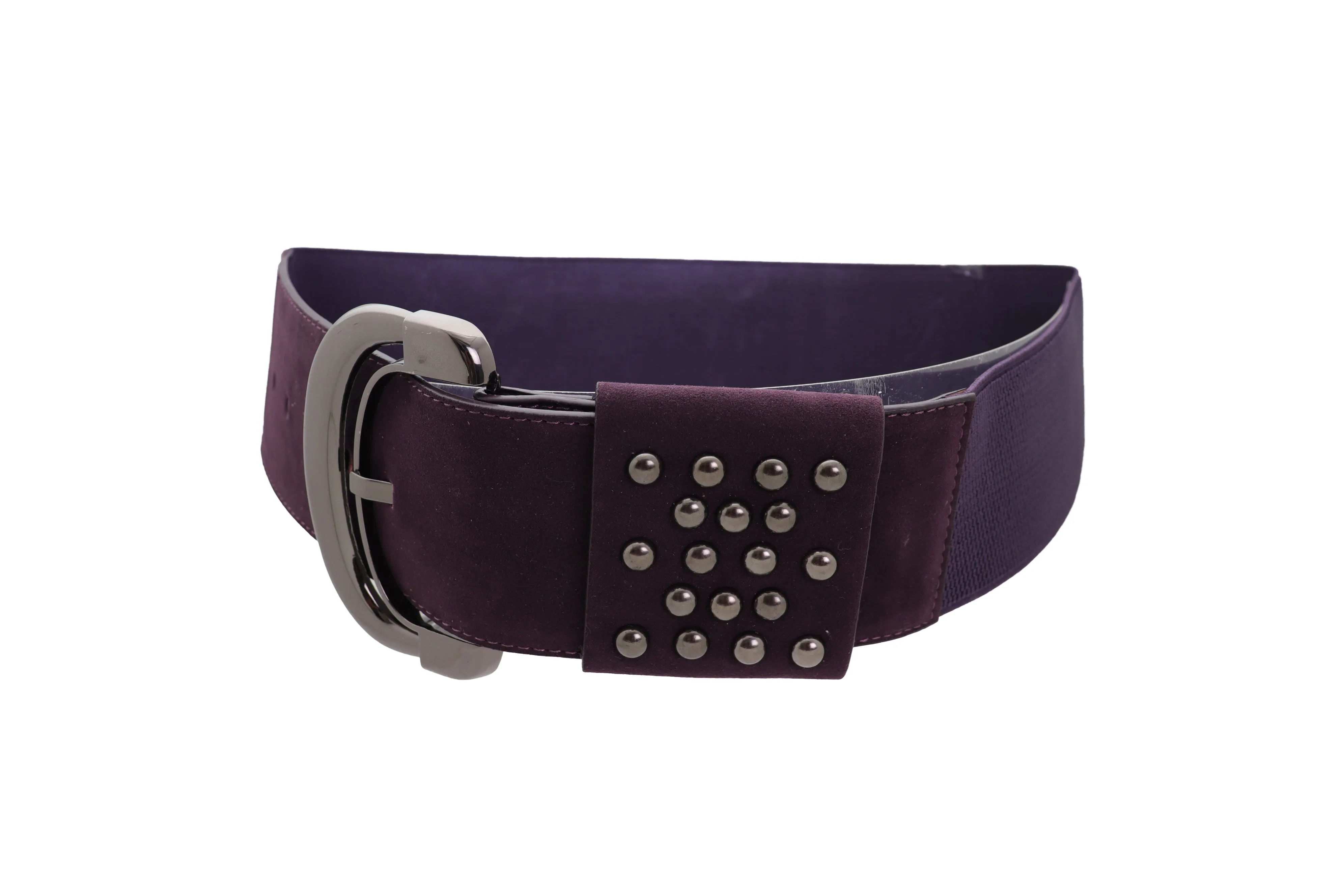 Wide Dark Purple Faux Leather Fashion Elastic Belt Metal Studs Buckle Fit Size S M