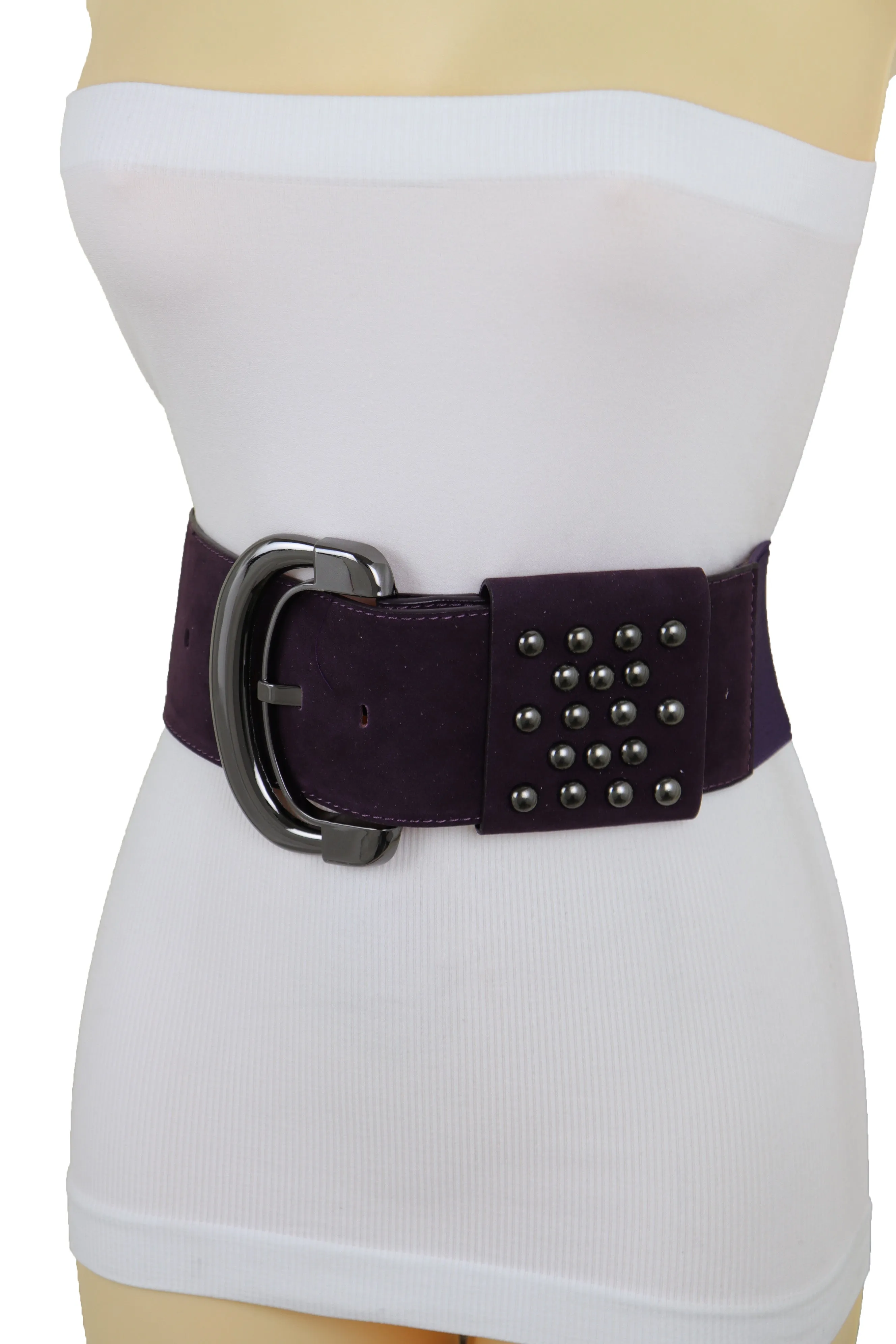 Wide Dark Purple Faux Leather Fashion Elastic Belt Metal Studs Buckle Fit Size S M