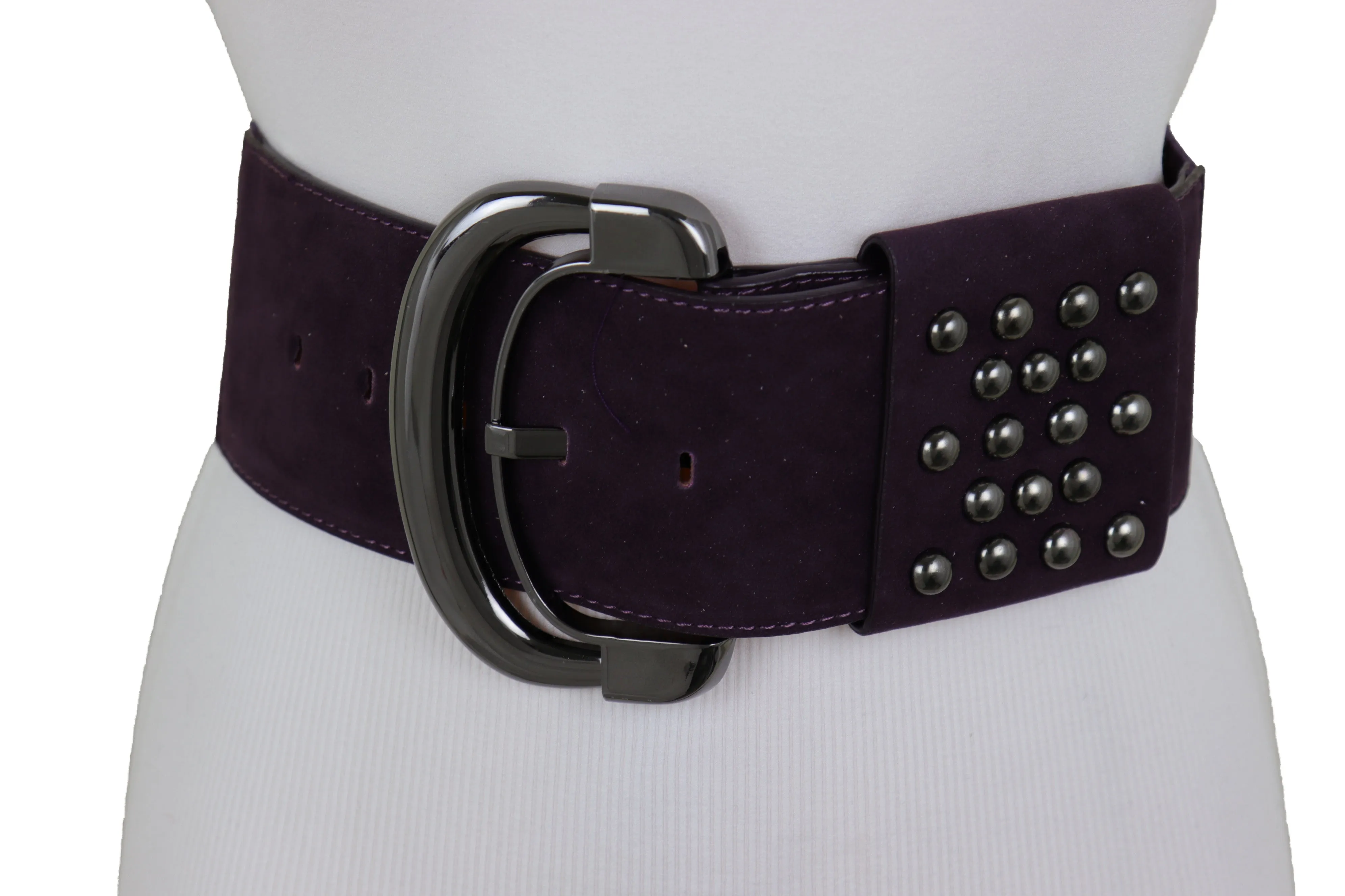 Wide Dark Purple Faux Leather Fashion Elastic Belt Metal Studs Buckle Fit Size S M
