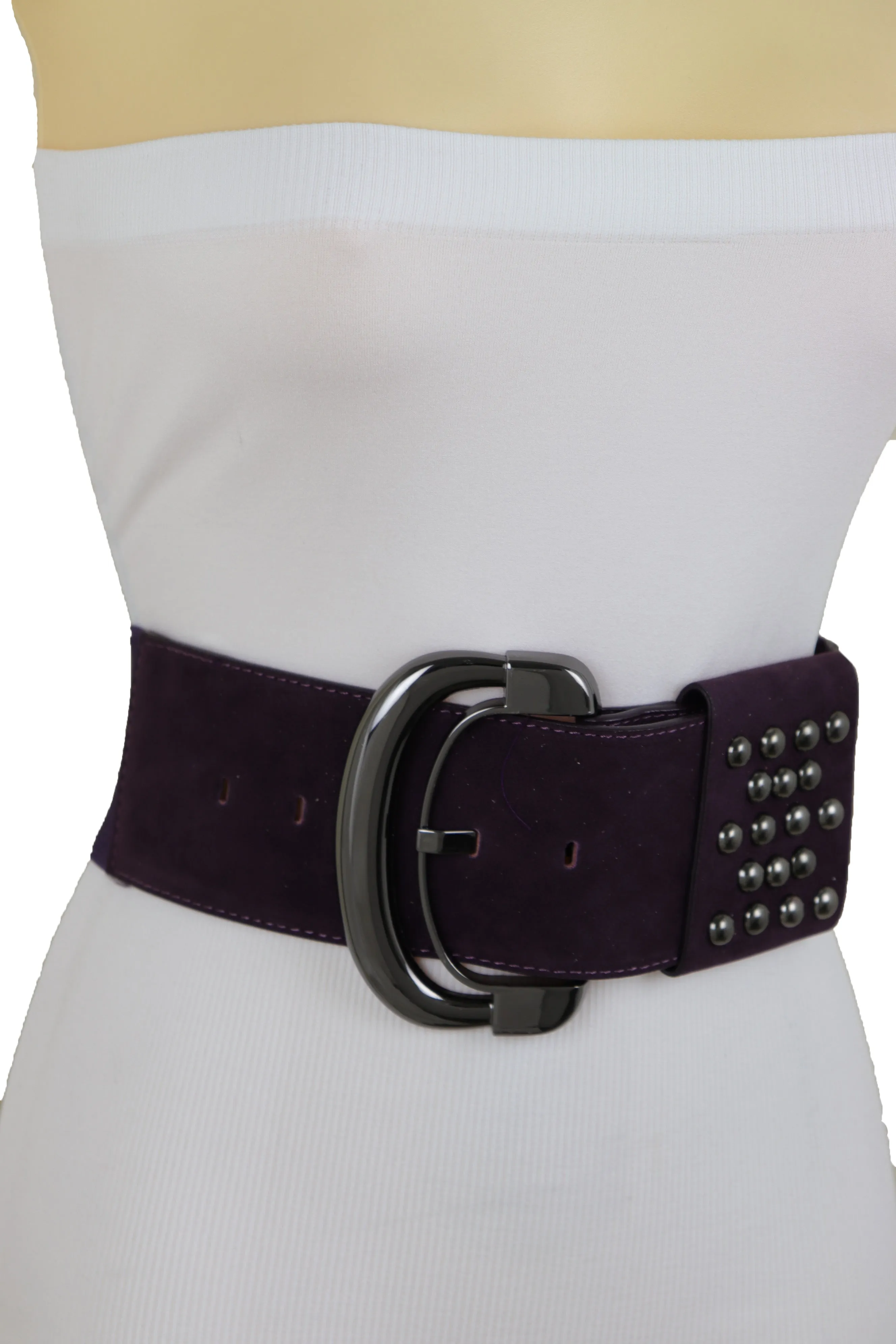 Wide Dark Purple Faux Leather Fashion Elastic Belt Metal Studs Buckle Fit Size S M