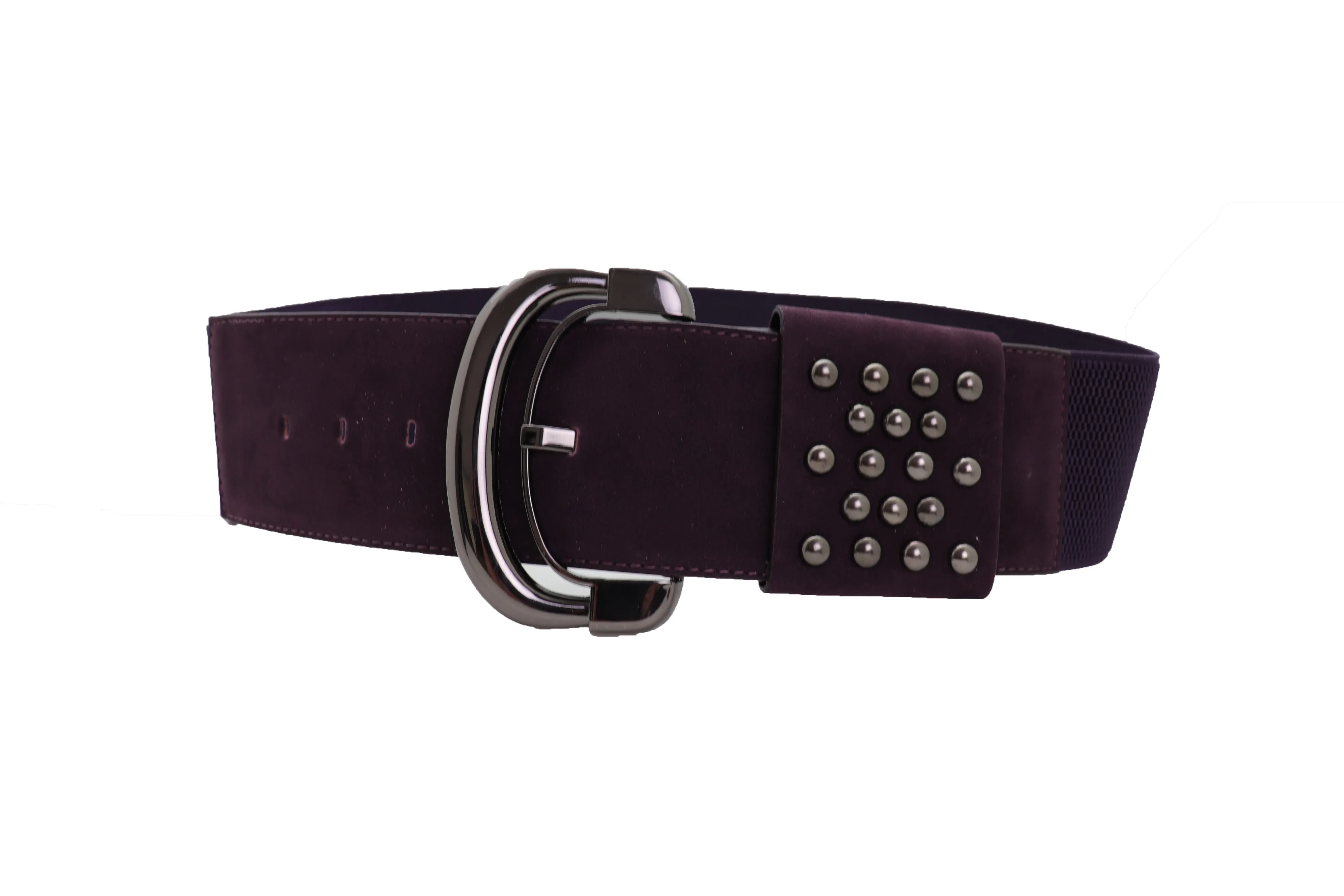 Wide Dark Purple Faux Leather Fashion Elastic Belt Metal Studs Buckle Fit Size S M