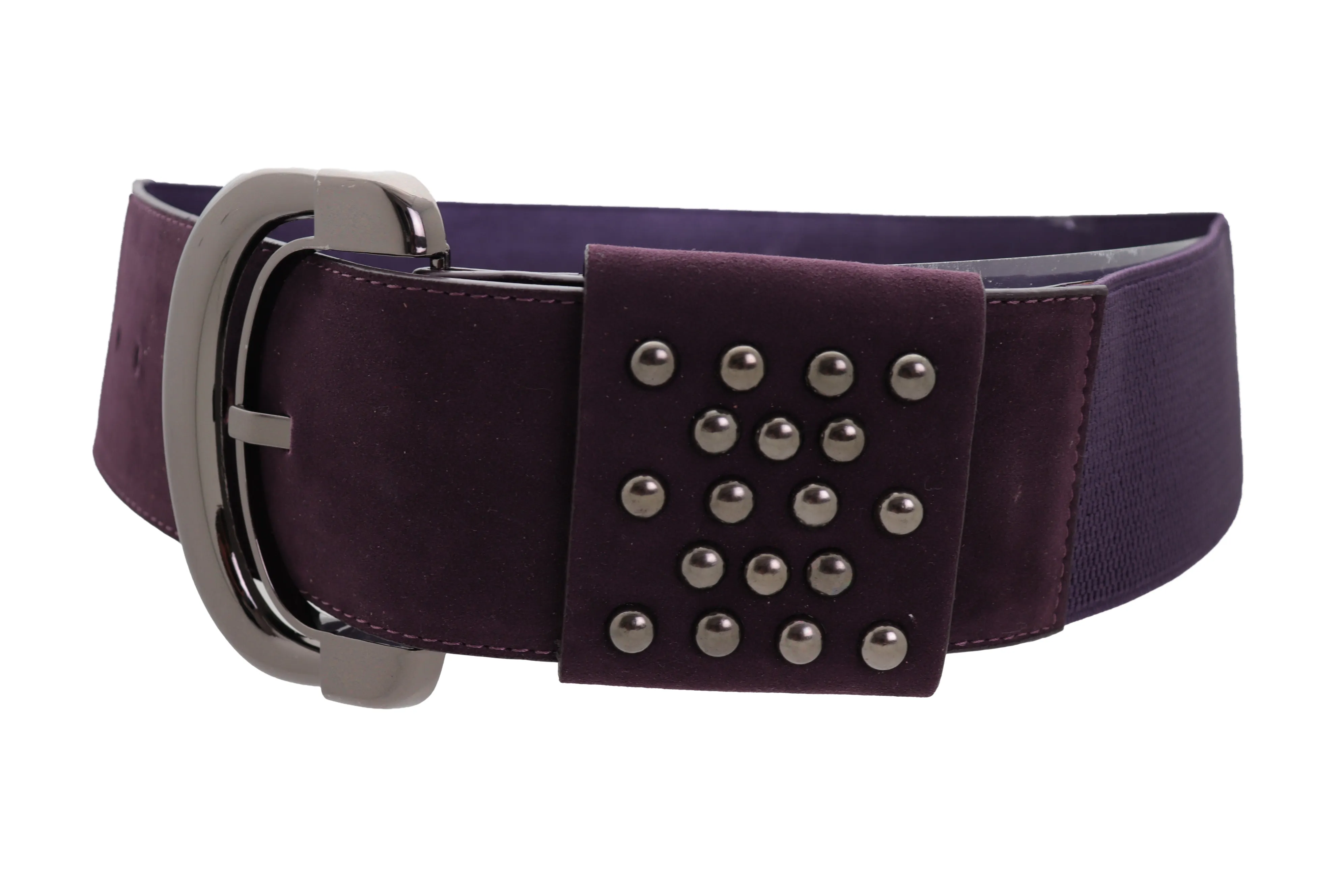Wide Dark Purple Faux Leather Fashion Elastic Belt Metal Studs Buckle Fit Size S M
