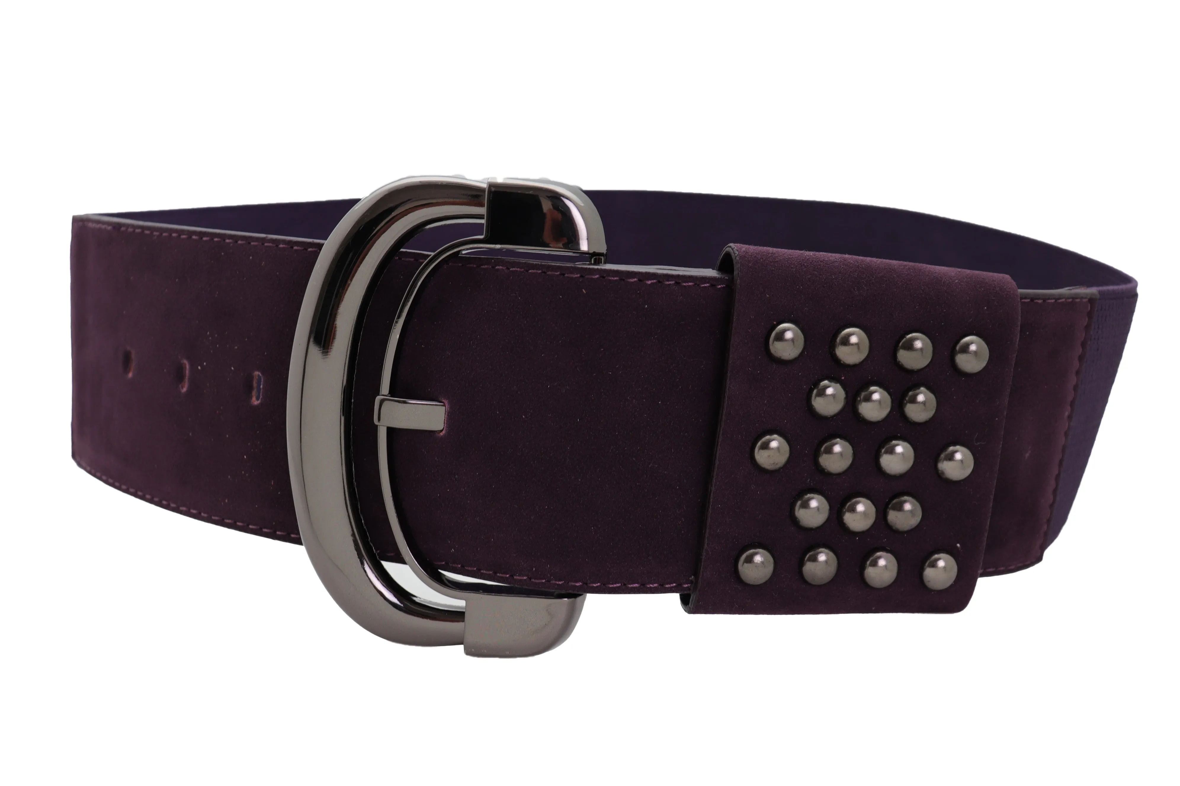 Wide Dark Purple Faux Leather Fashion Elastic Belt Metal Studs Buckle Fit Size S M