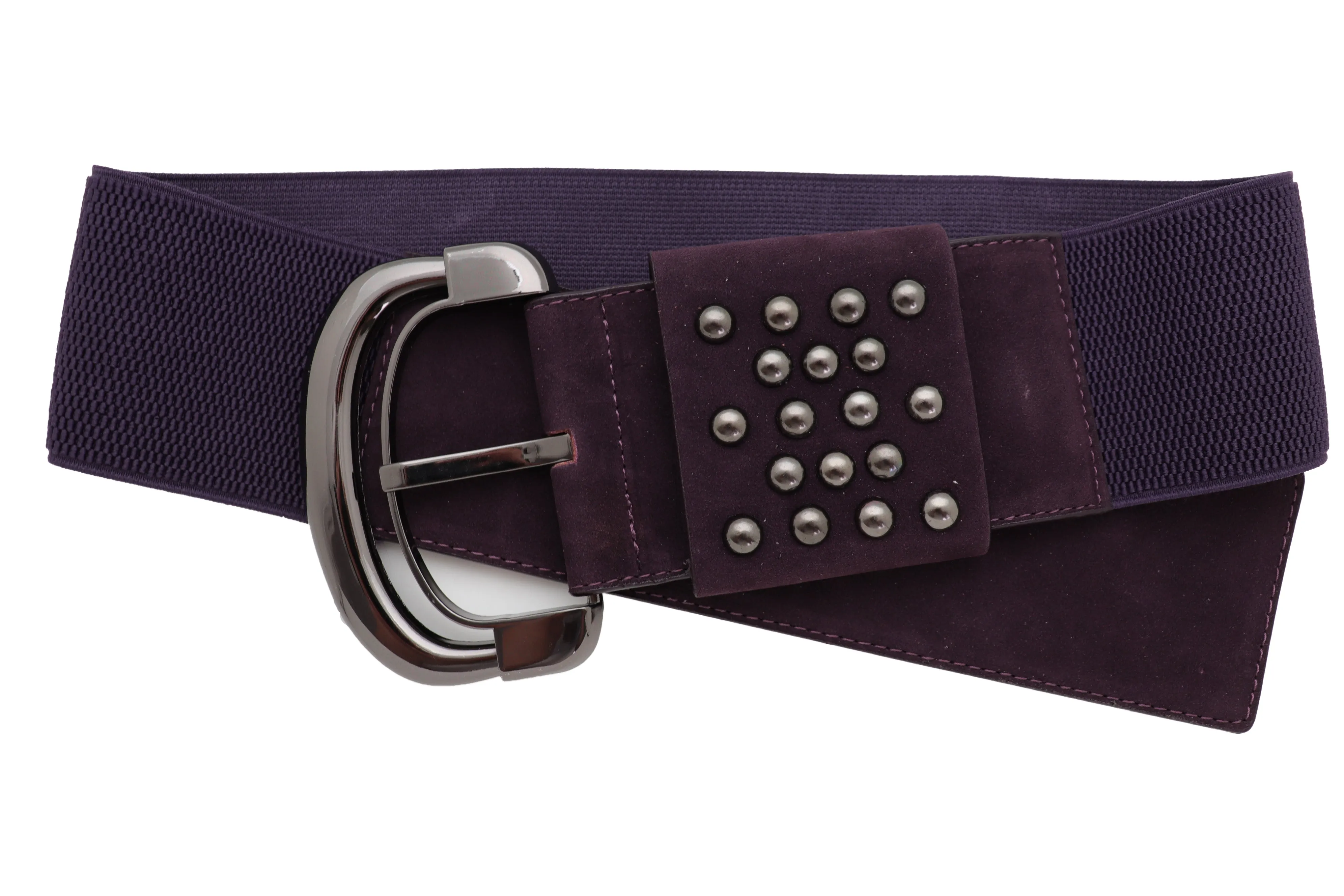 Wide Dark Purple Faux Leather Fashion Elastic Belt Metal Studs Buckle Fit Size S M