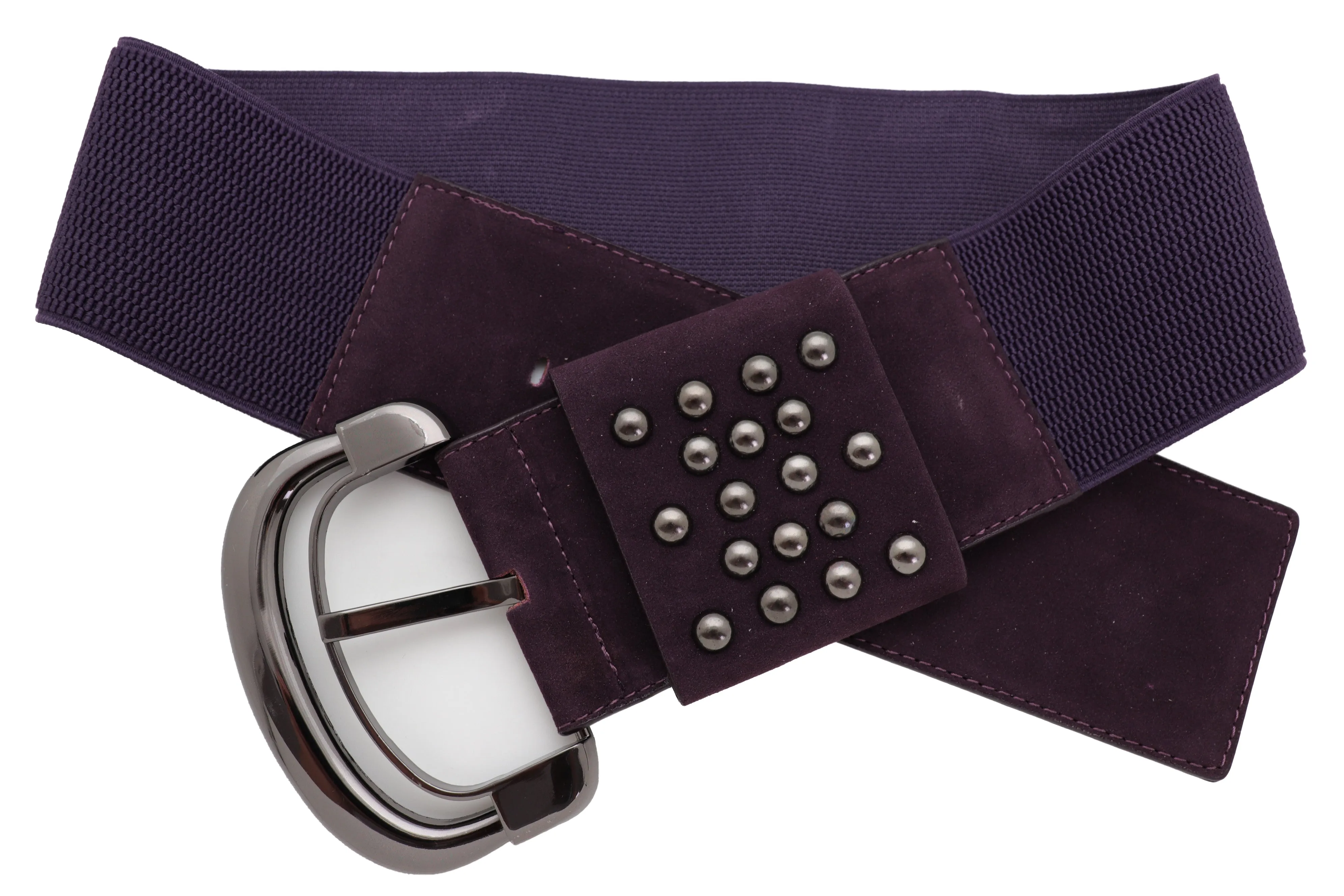 Wide Dark Purple Faux Leather Fashion Elastic Belt Metal Studs Buckle Fit Size S M