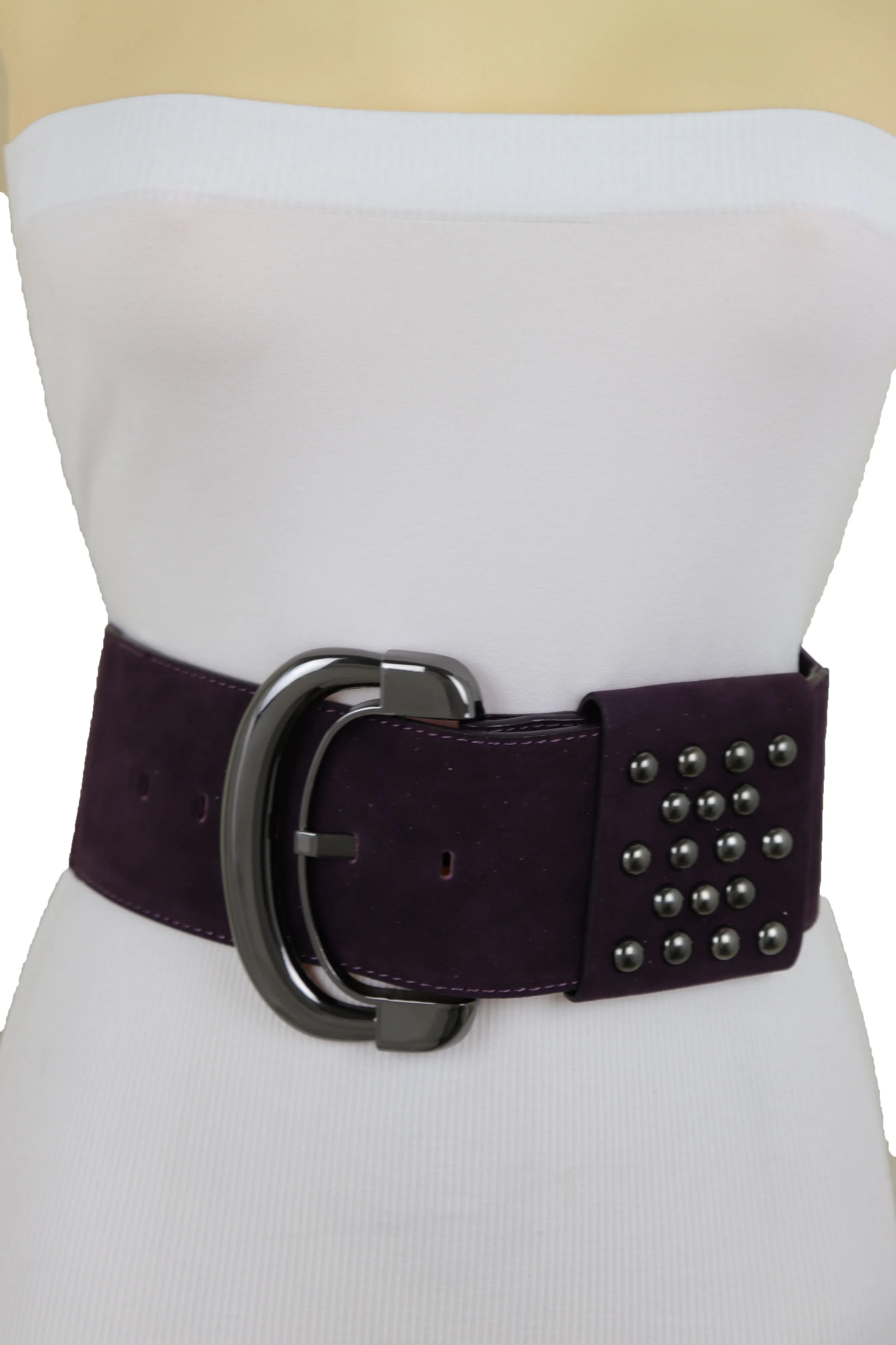 Wide Dark Purple Faux Leather Fashion Elastic Belt Metal Studs Buckle Fit Size S M