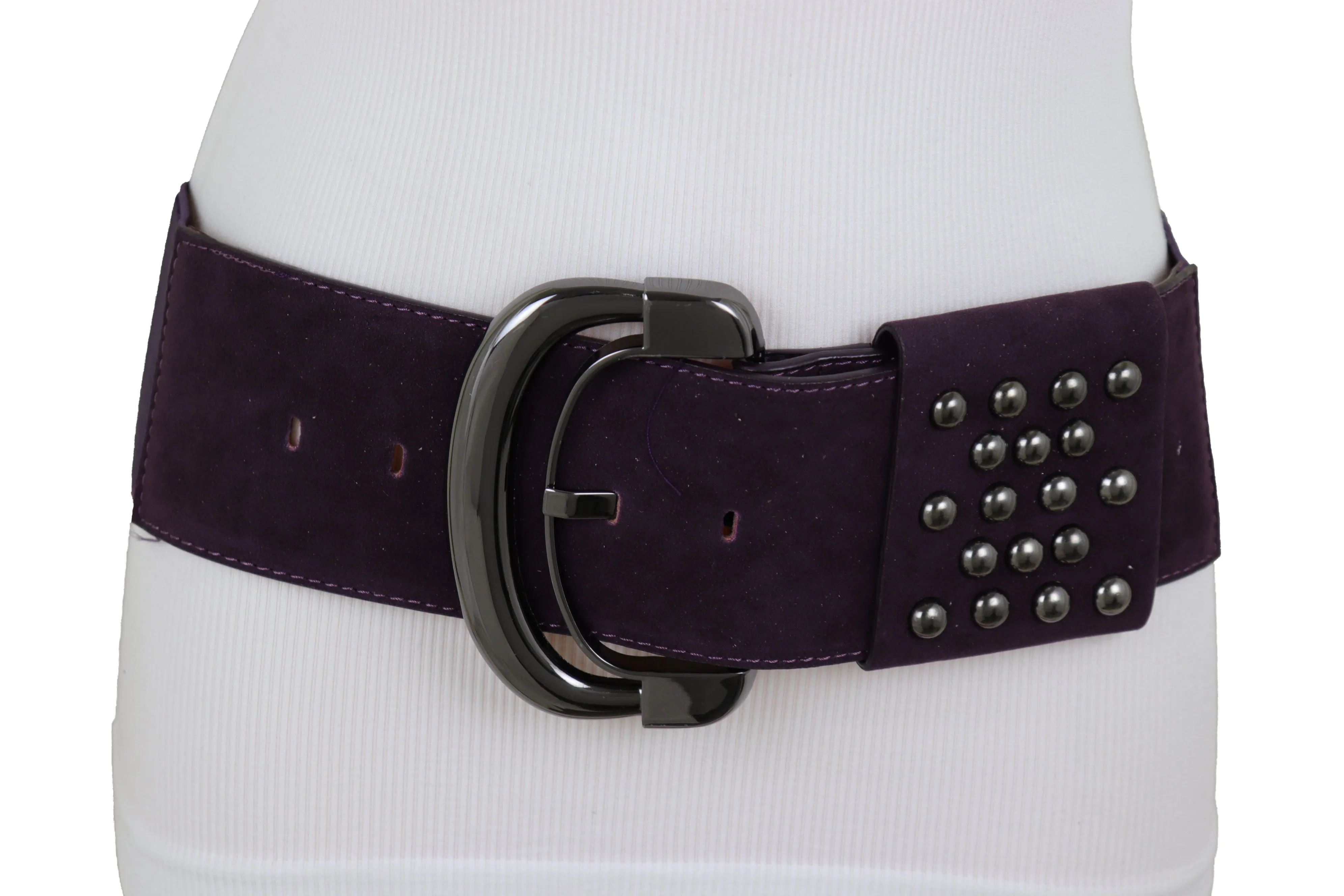 Wide Dark Purple Faux Leather Fashion Elastic Belt Metal Studs Buckle Fit Size S M