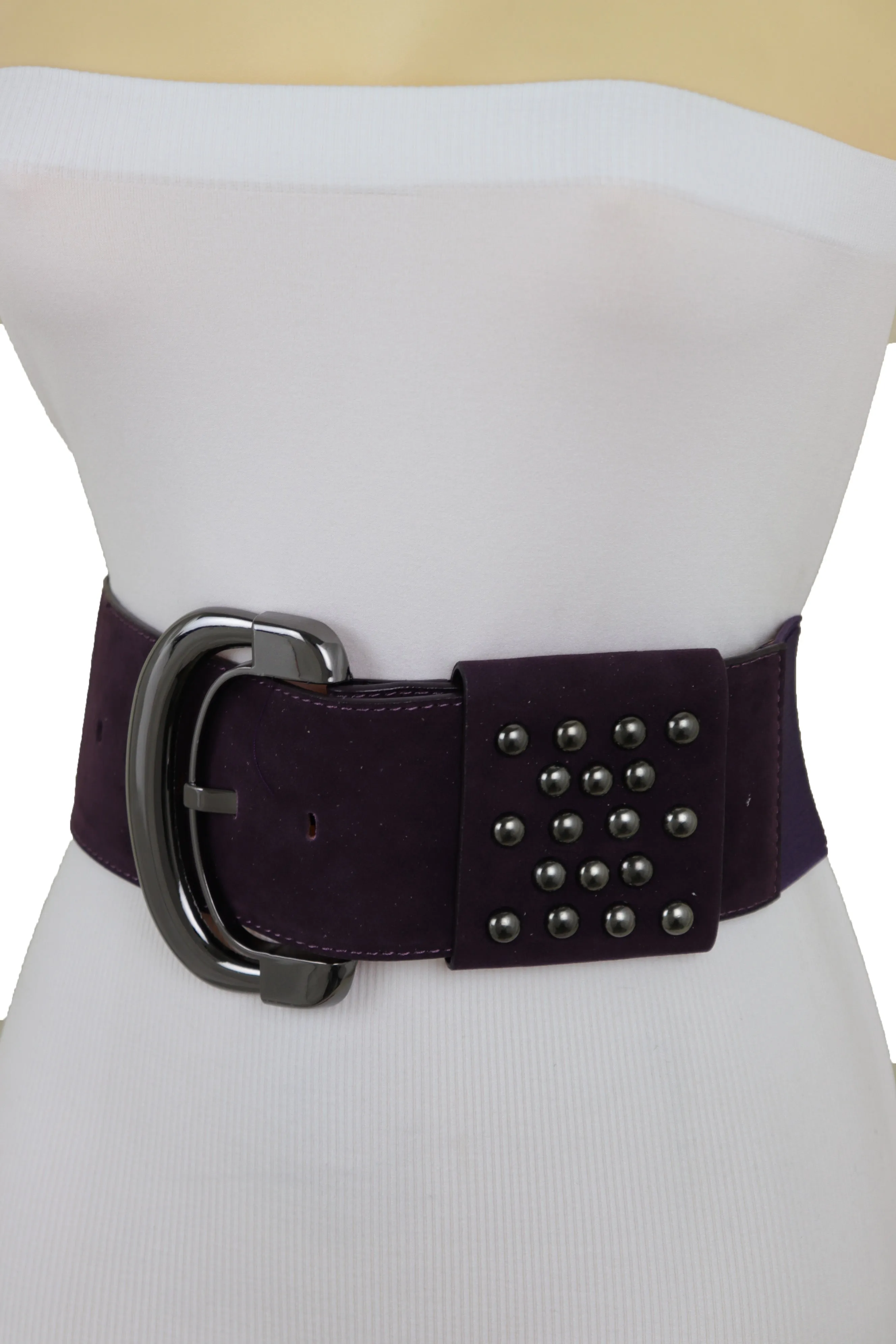 Wide Dark Purple Faux Leather Fashion Elastic Belt Metal Studs Buckle Fit Size S M