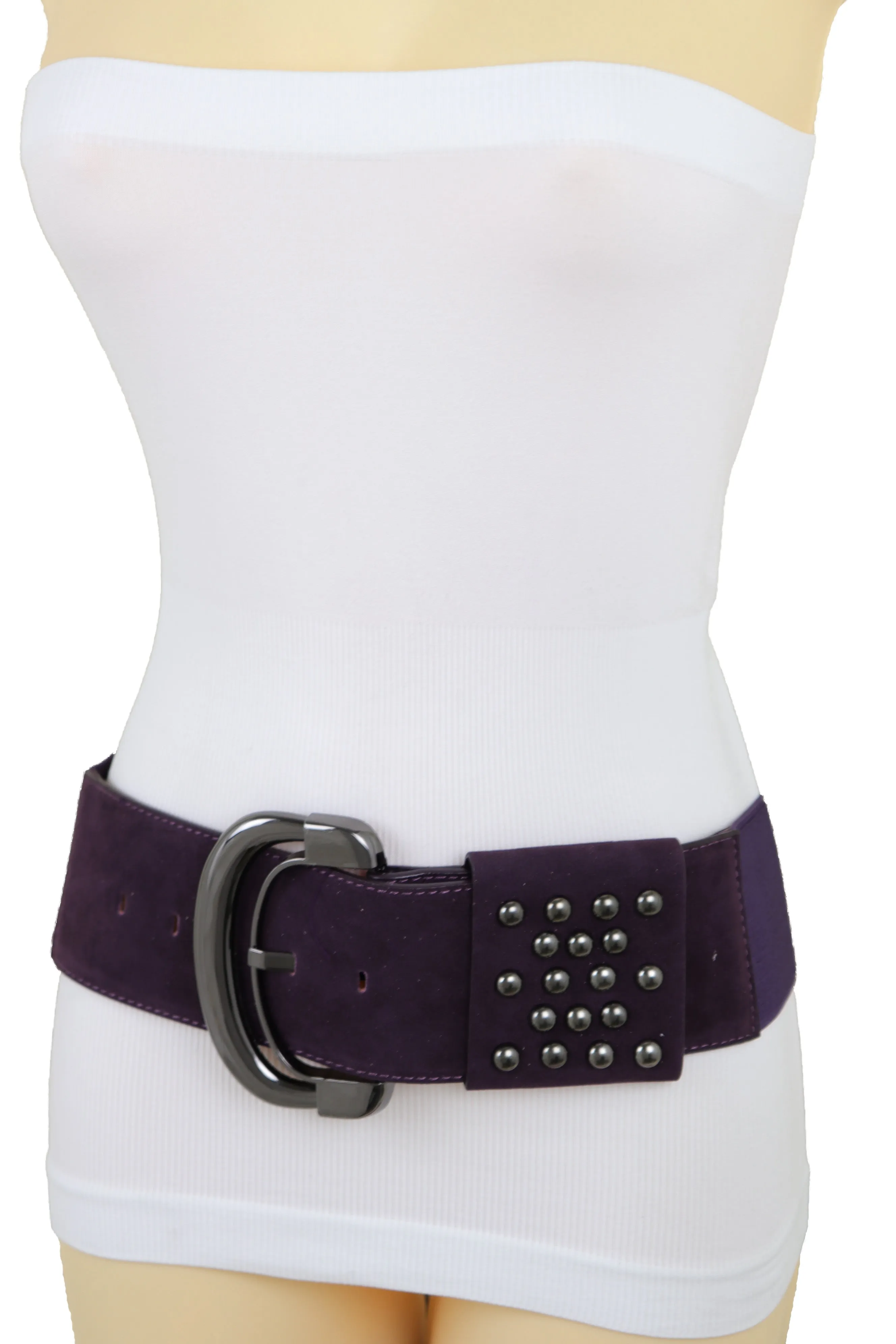 Wide Dark Purple Faux Leather Fashion Elastic Belt Metal Studs Buckle Fit Size S M