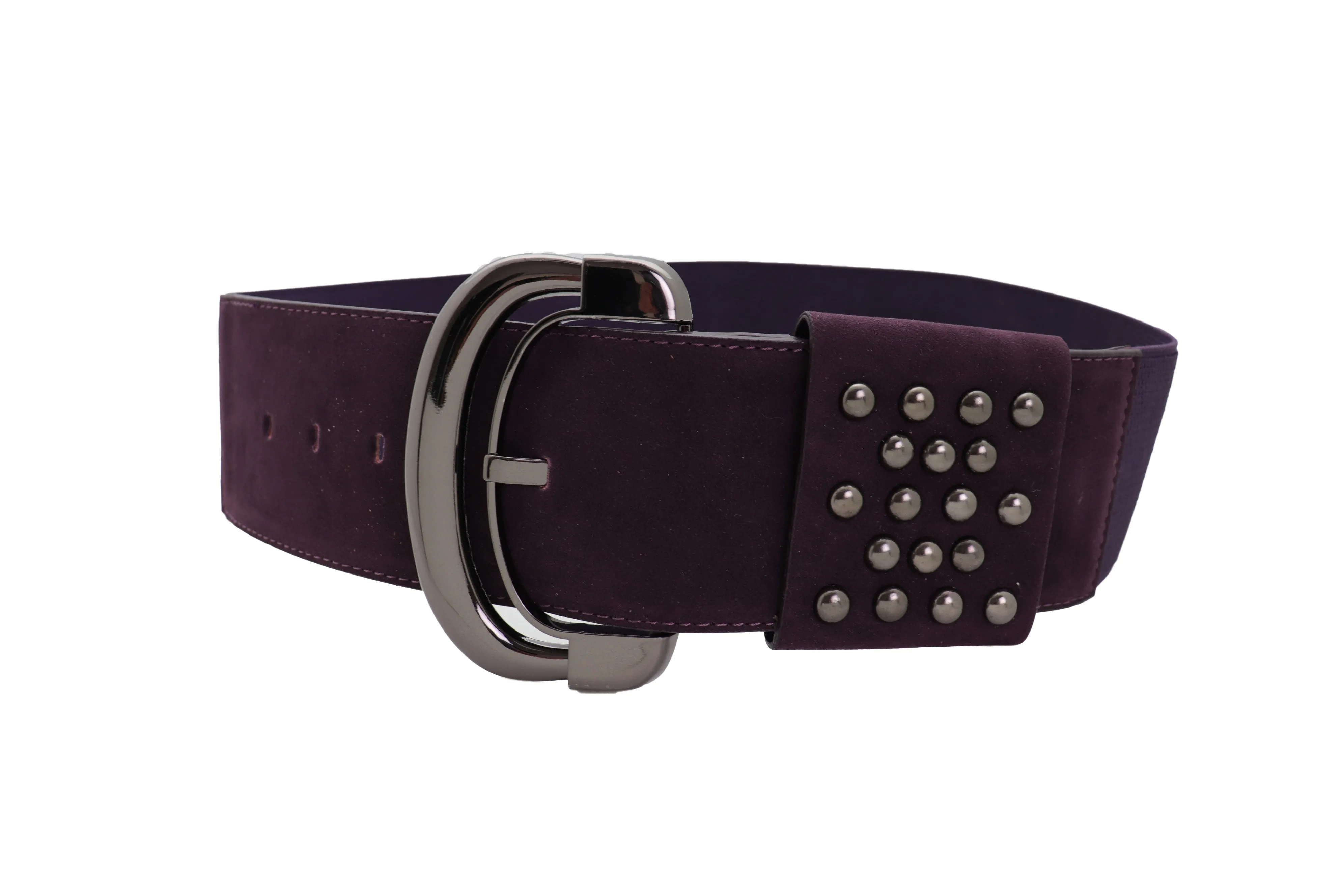 Wide Dark Purple Faux Leather Fashion Elastic Belt Metal Studs Buckle Fit Size S M