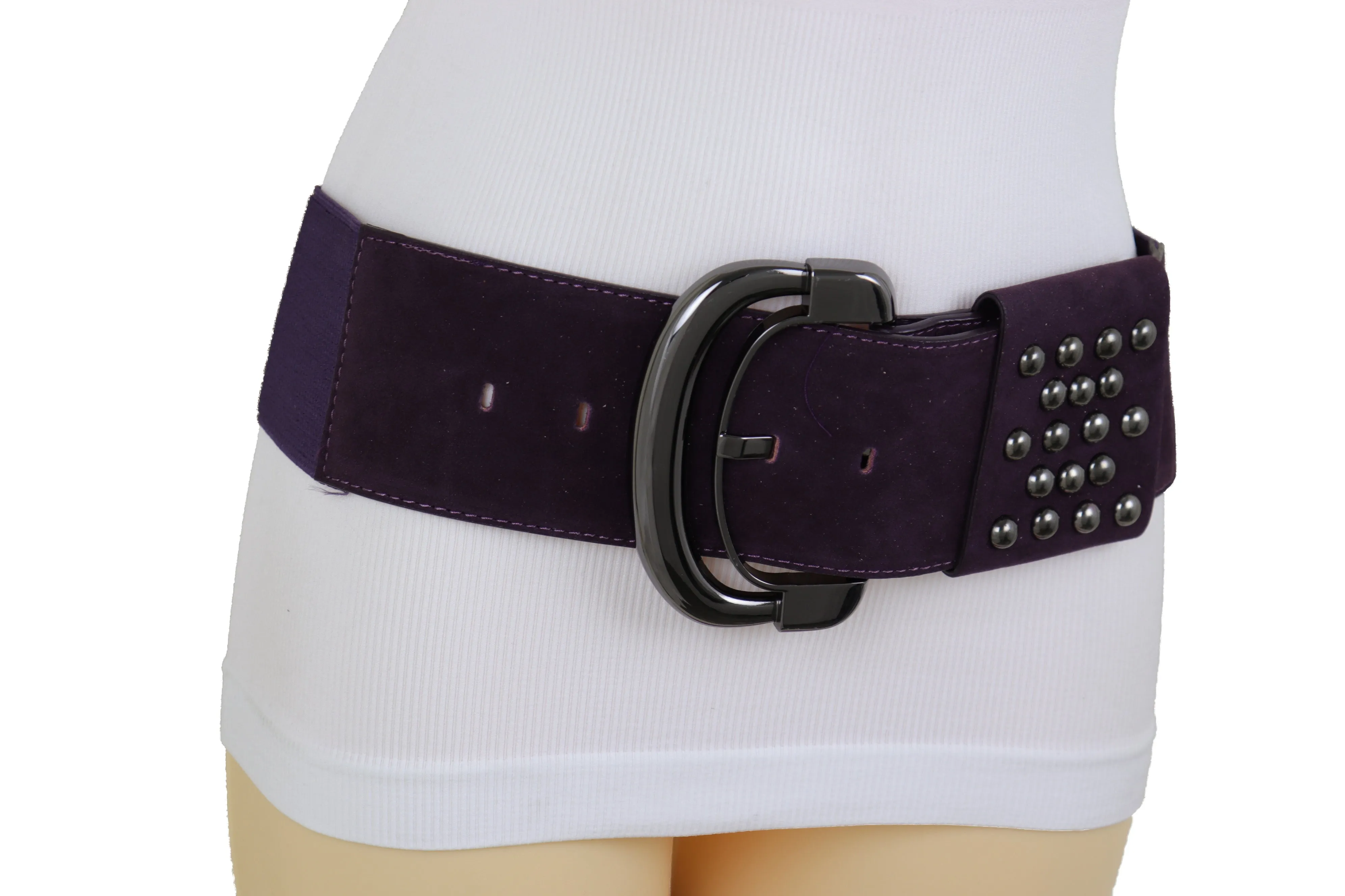 Wide Dark Purple Faux Leather Fashion Elastic Belt Metal Studs Buckle Fit Size S M