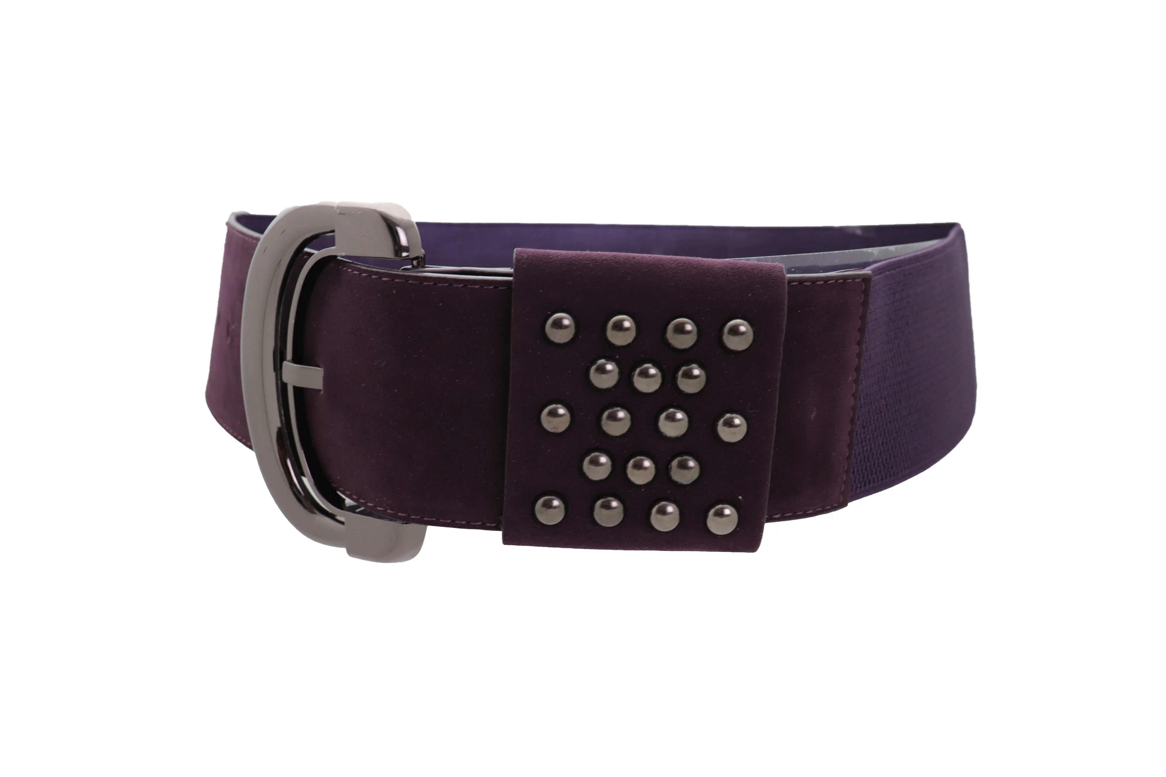 Wide Dark Purple Faux Leather Fashion Elastic Belt Metal Studs Buckle Fit Size S M