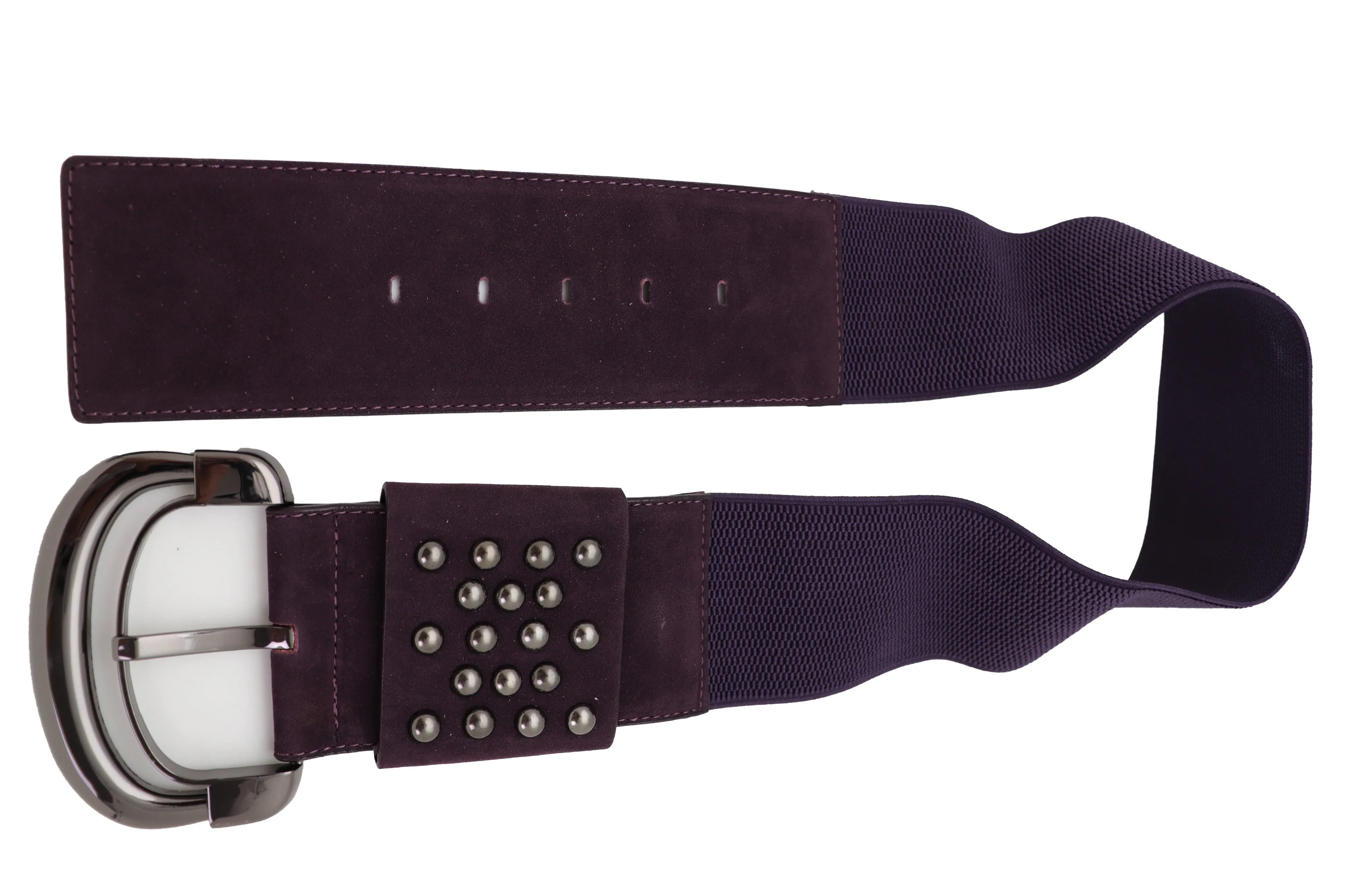 Wide Dark Purple Faux Leather Fashion Elastic Belt Metal Studs Buckle Fit Size S M