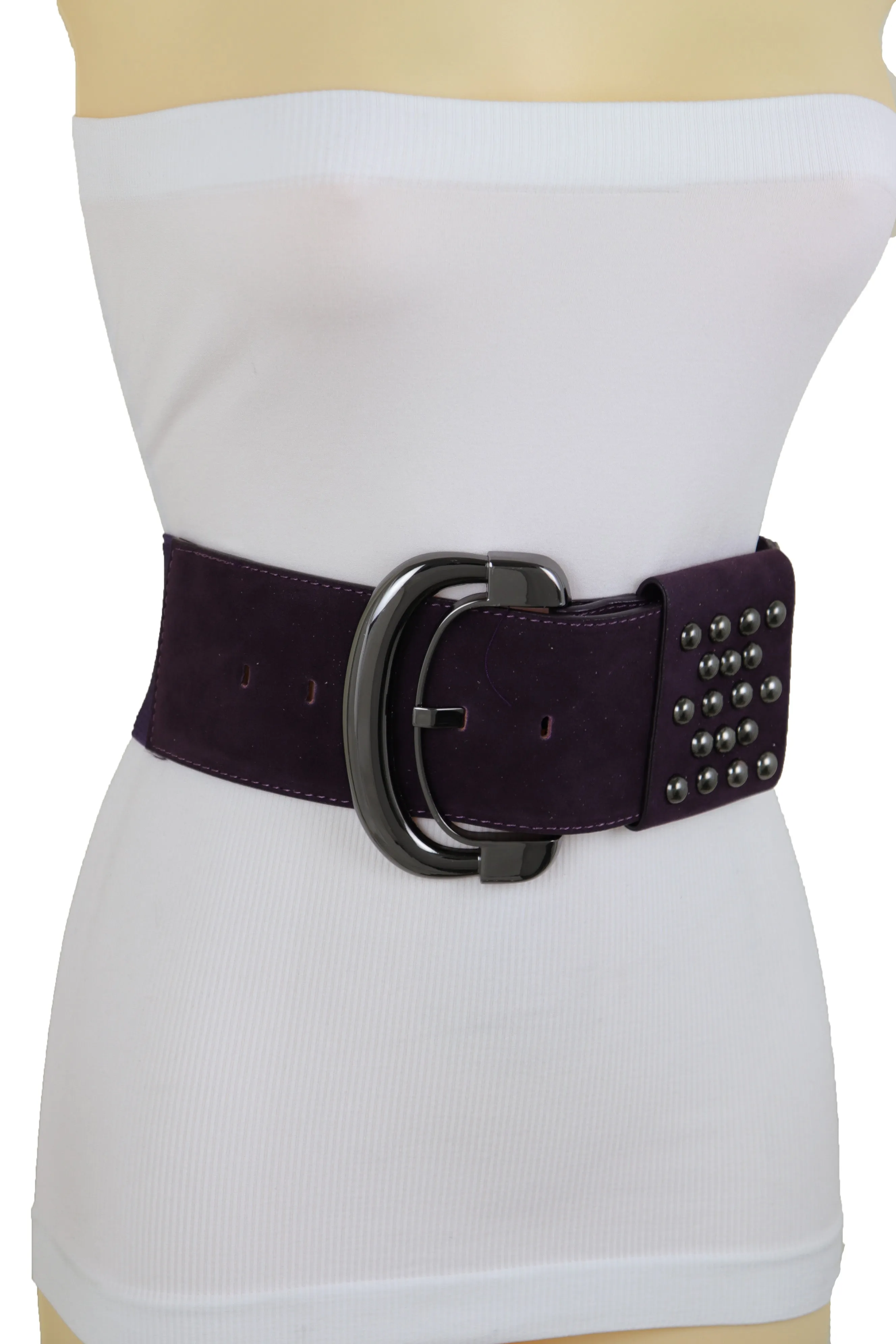 Wide Dark Purple Faux Leather Fashion Elastic Belt Metal Studs Buckle Fit Size S M