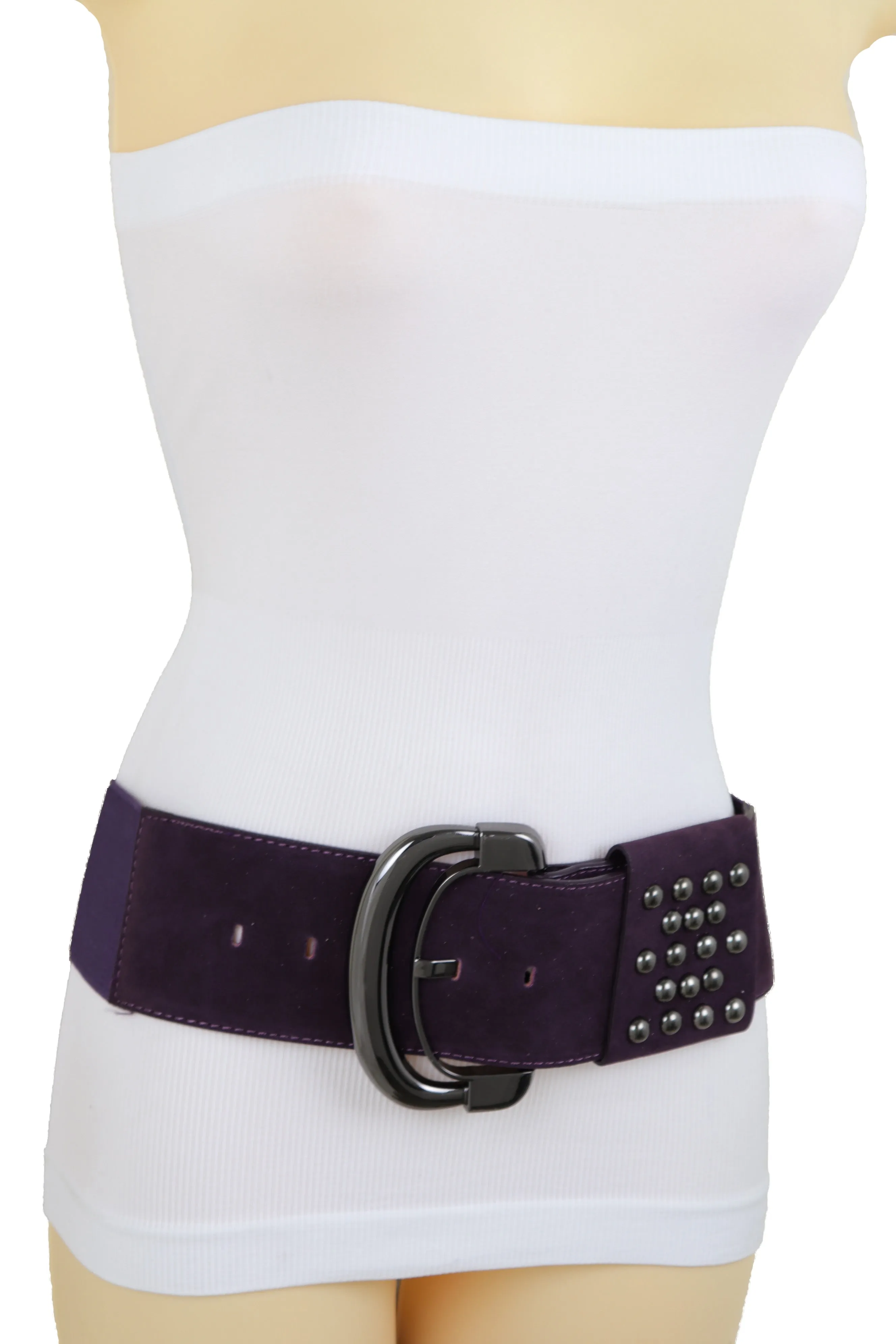 Wide Dark Purple Faux Leather Fashion Elastic Belt Metal Studs Buckle Fit Size S M