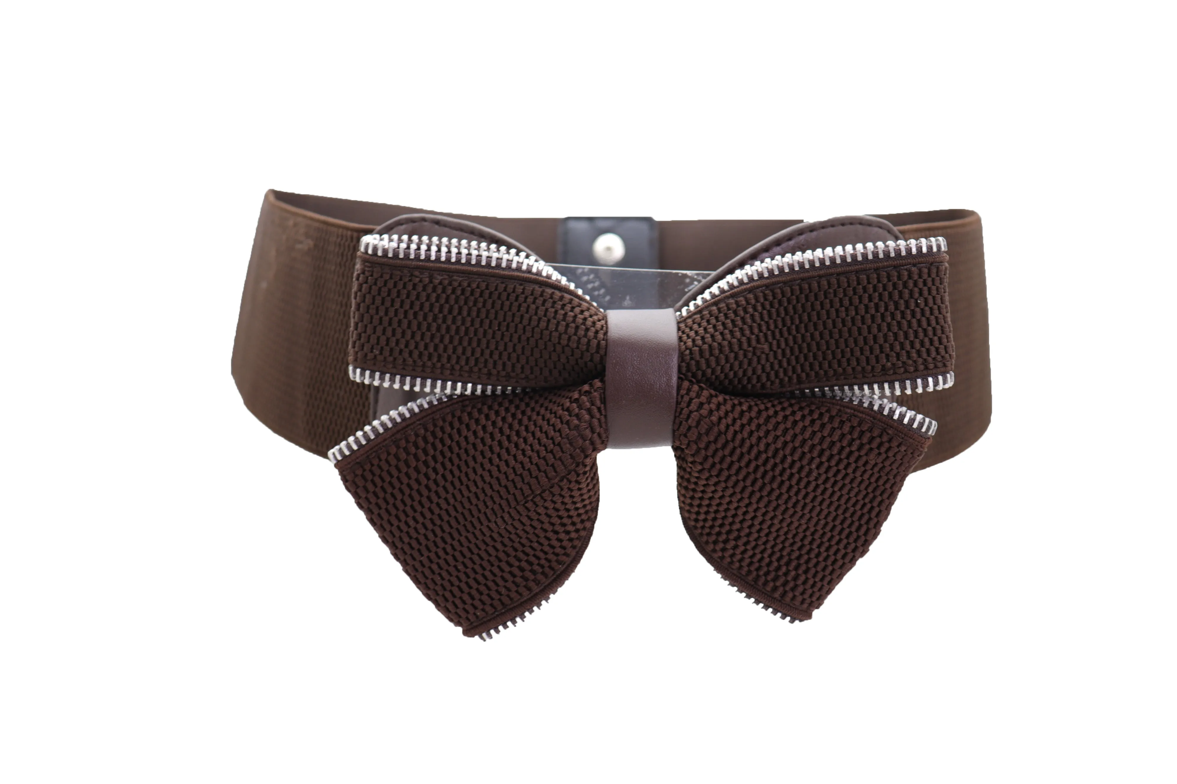 Wide Elastic Brown Bow Tie Fashion Belt Hip High Waist Zipper Fit Size S M