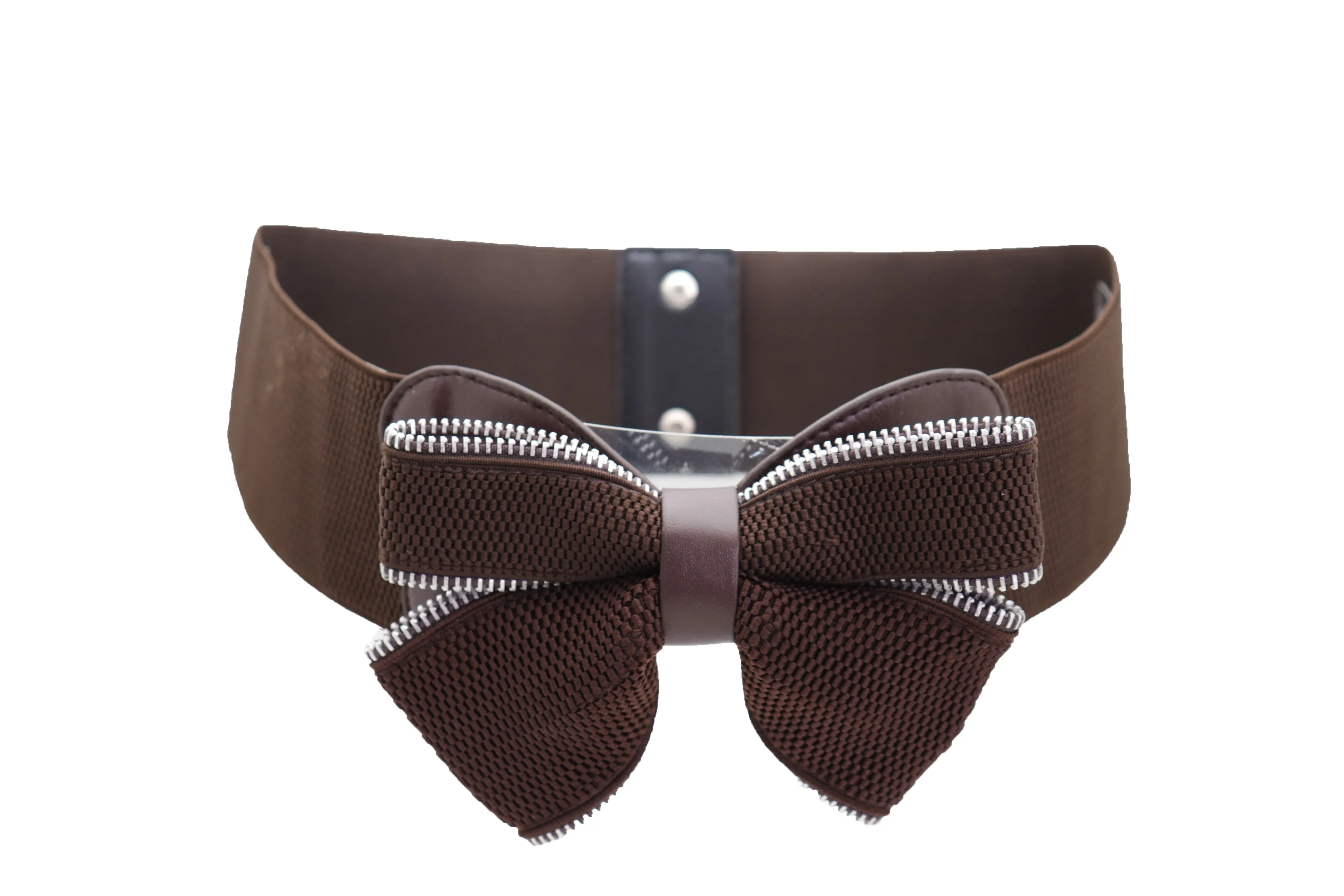 Wide Elastic Brown Bow Tie Fashion Belt Hip High Waist Zipper Fit Size S M