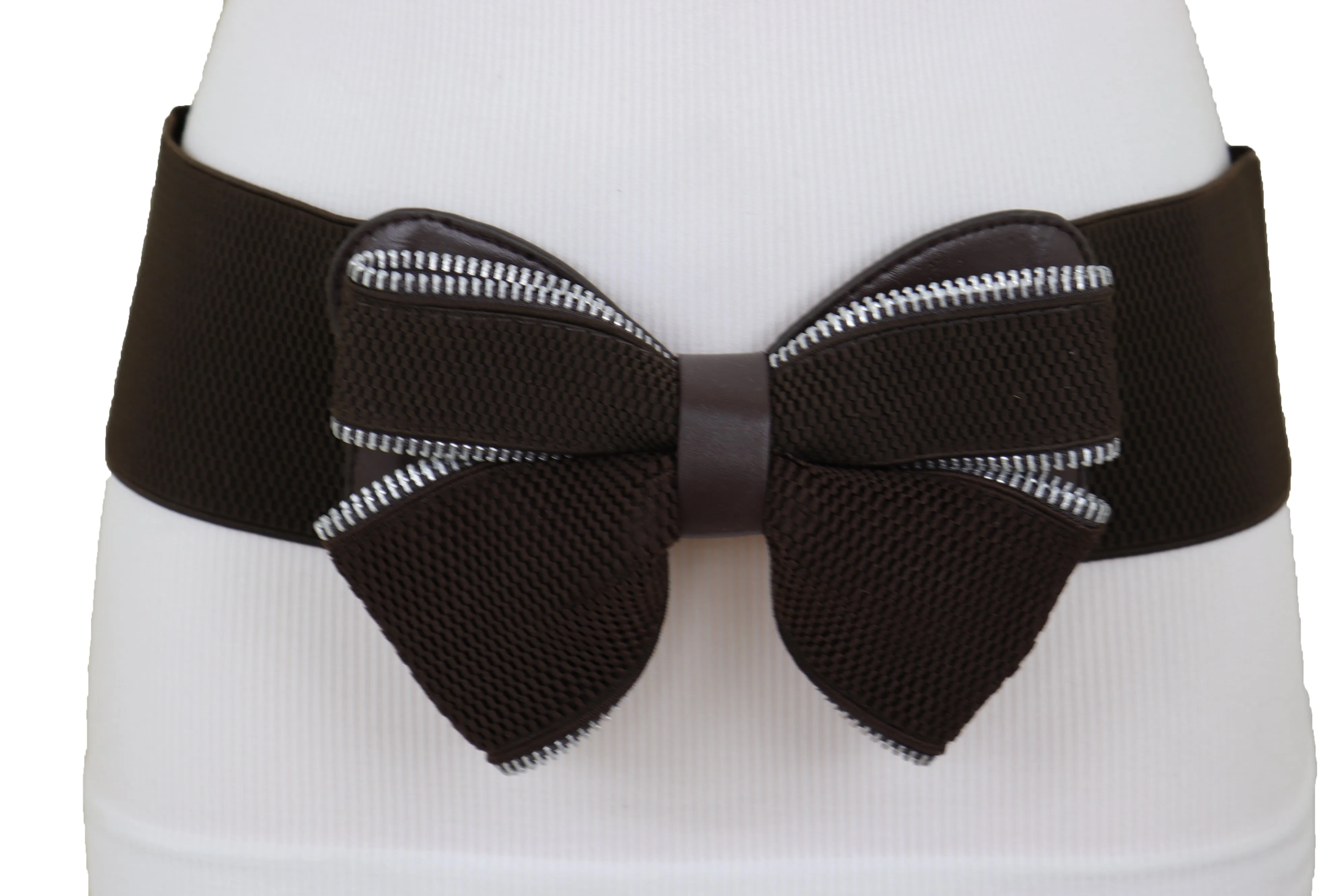 Wide Elastic Brown Bow Tie Fashion Belt Hip High Waist Zipper Fit Size S M