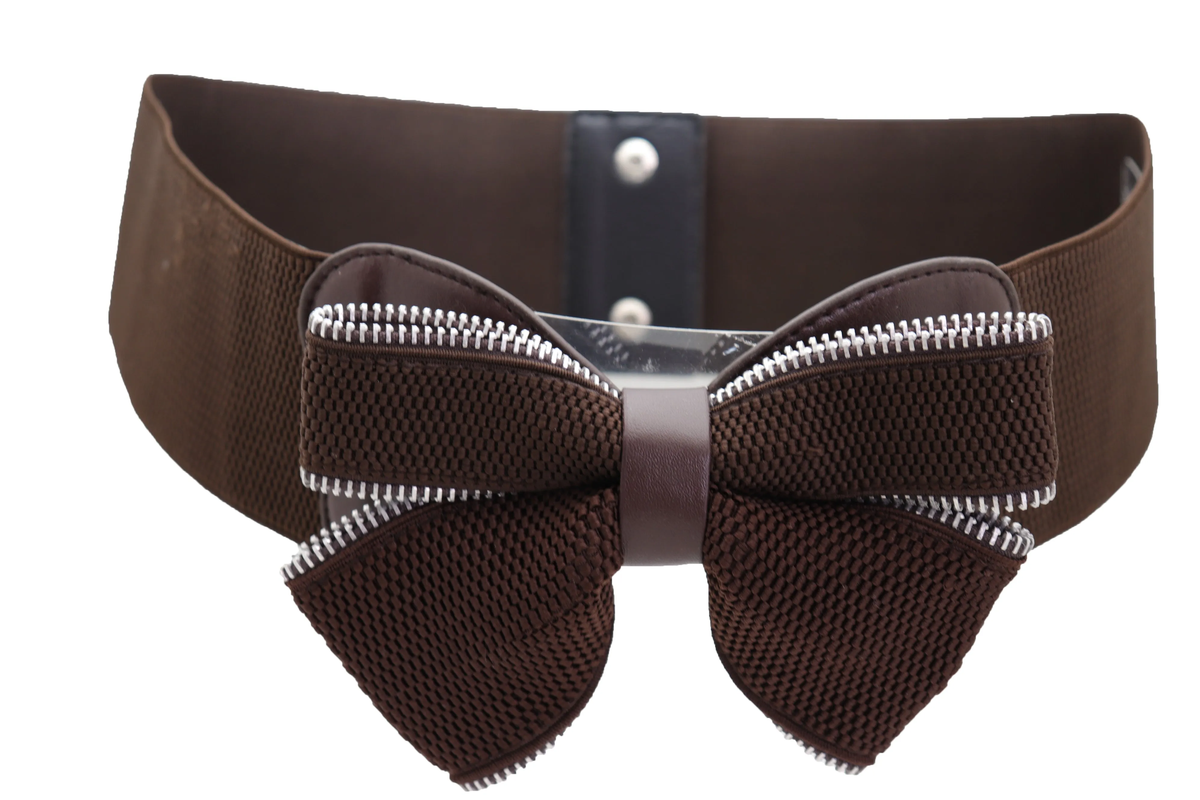 Wide Elastic Brown Bow Tie Fashion Belt Hip High Waist Zipper Fit Size S M