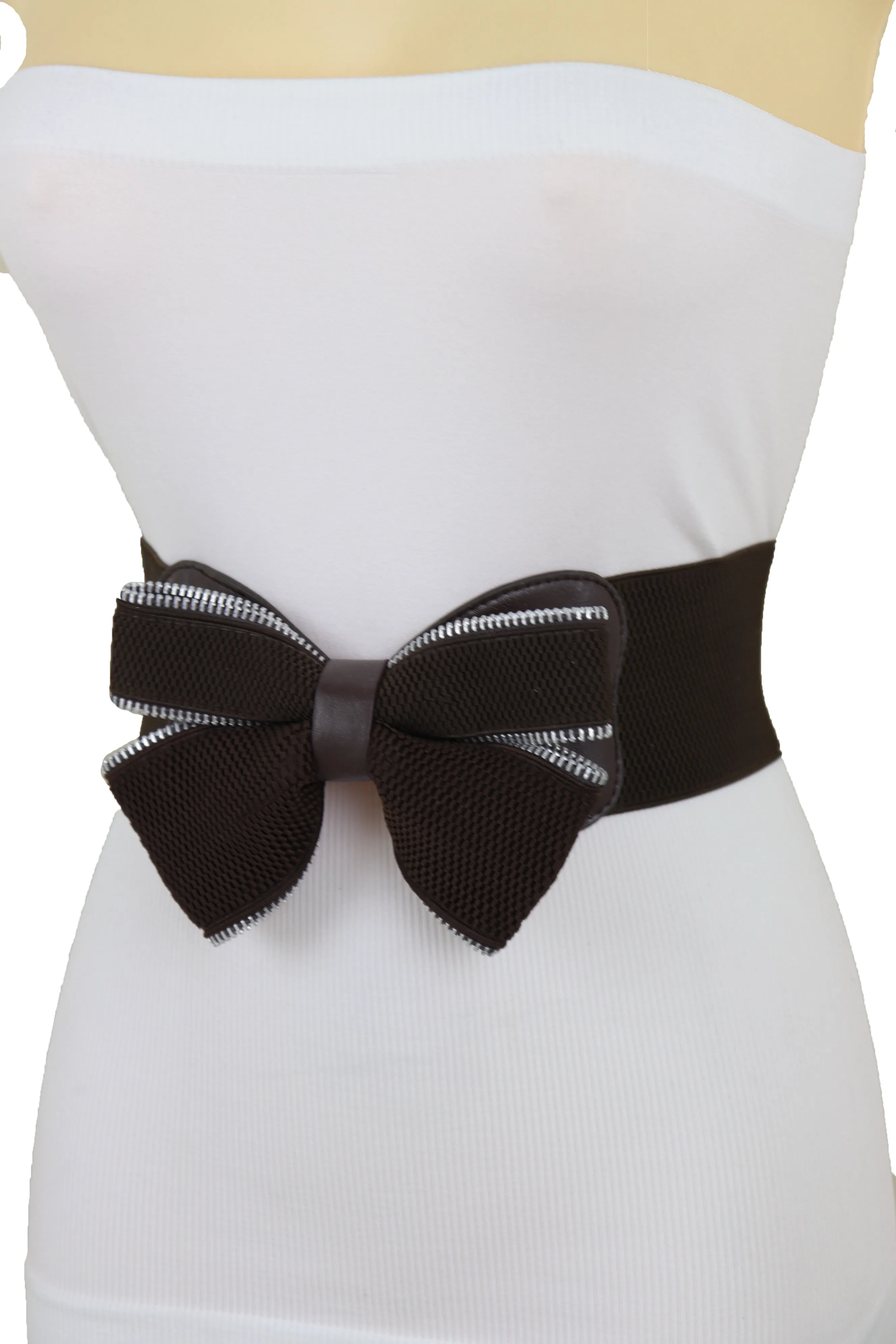 Wide Elastic Brown Bow Tie Fashion Belt Hip High Waist Zipper Fit Size S M
