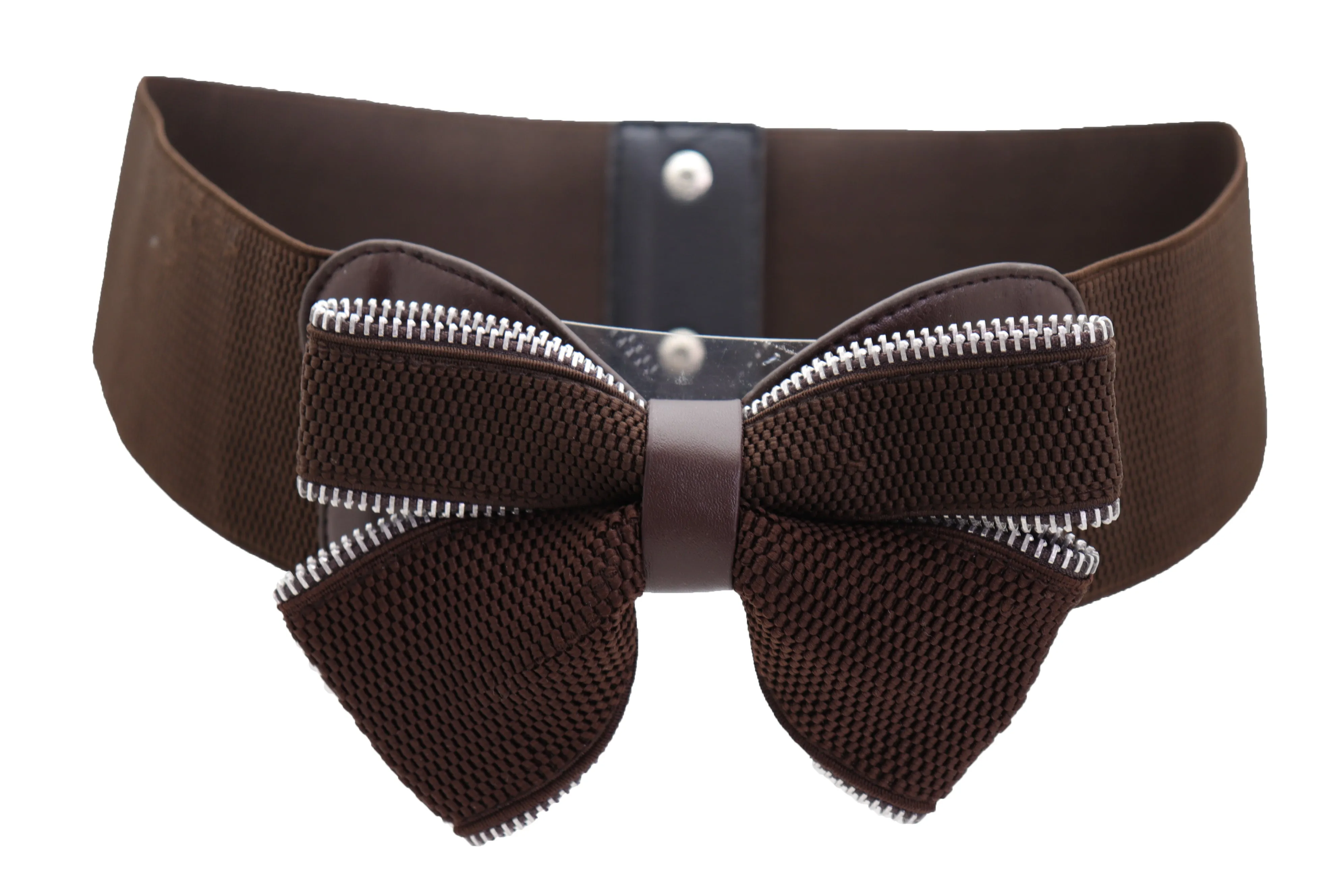 Wide Elastic Brown Bow Tie Fashion Belt Hip High Waist Zipper Fit Size S M