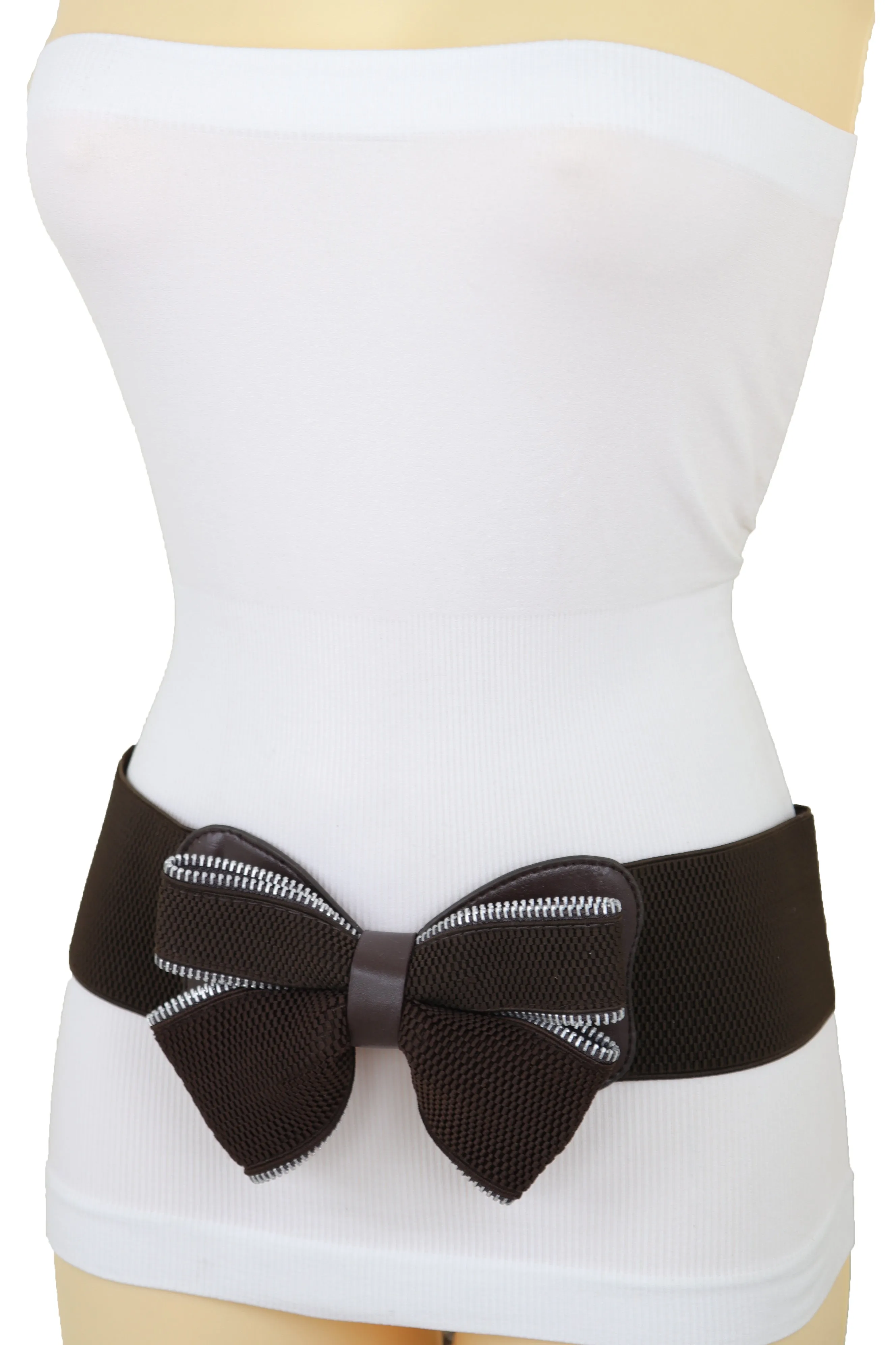 Wide Elastic Brown Bow Tie Fashion Belt Hip High Waist Zipper Fit Size S M