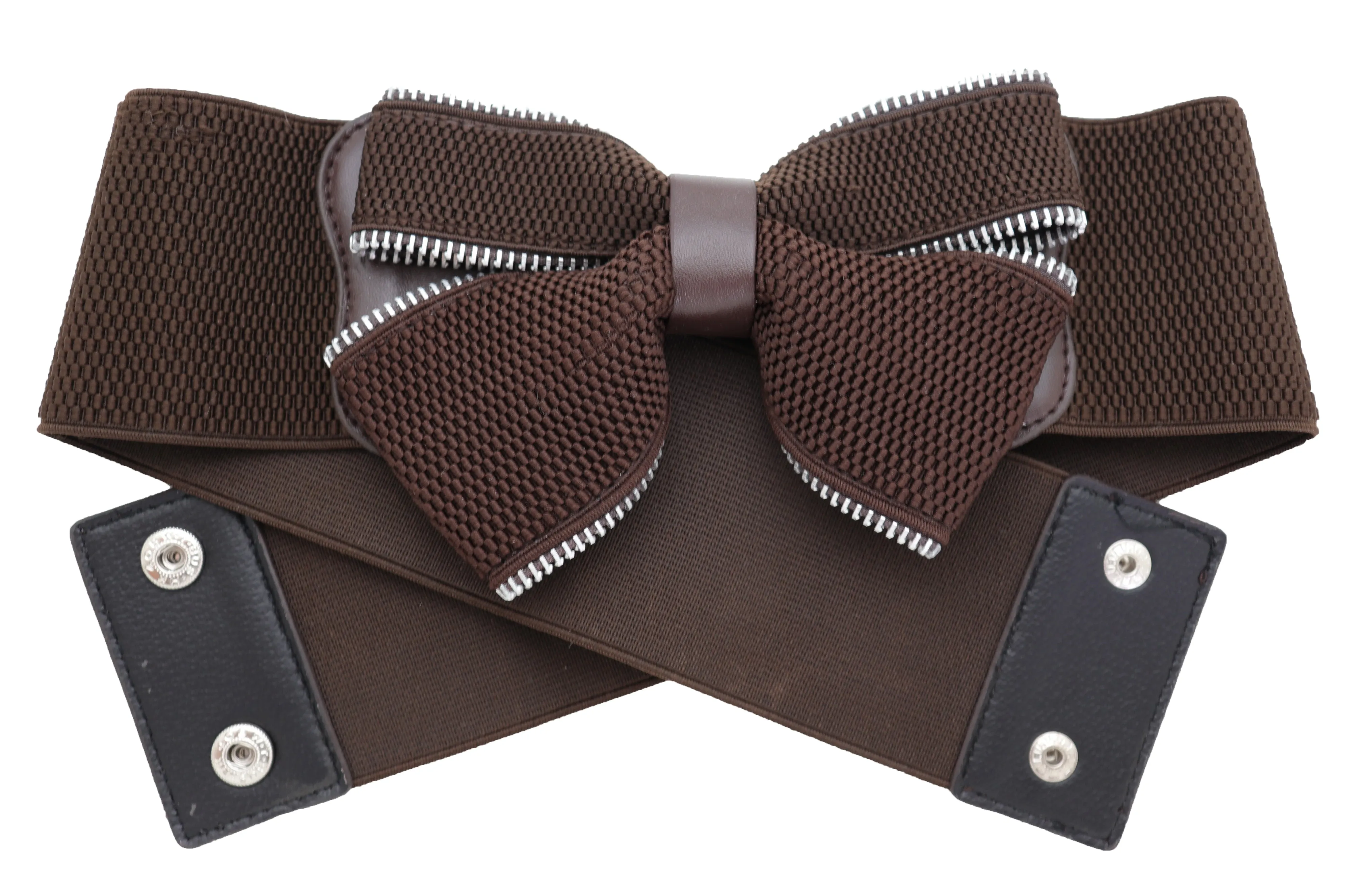 Wide Elastic Brown Bow Tie Fashion Belt Hip High Waist Zipper Fit Size S M