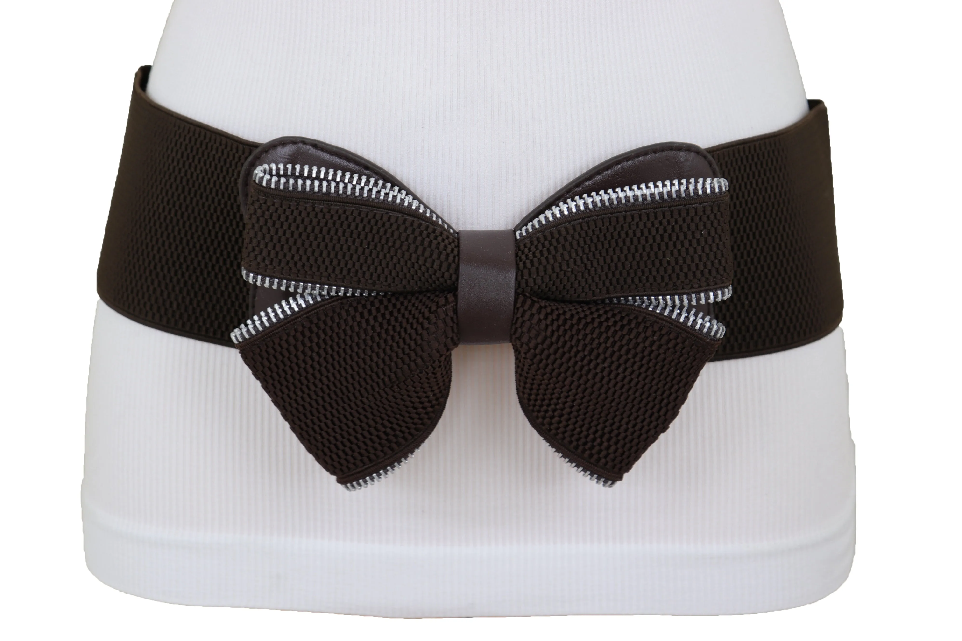 Wide Elastic Brown Bow Tie Fashion Belt Hip High Waist Zipper Fit Size S M