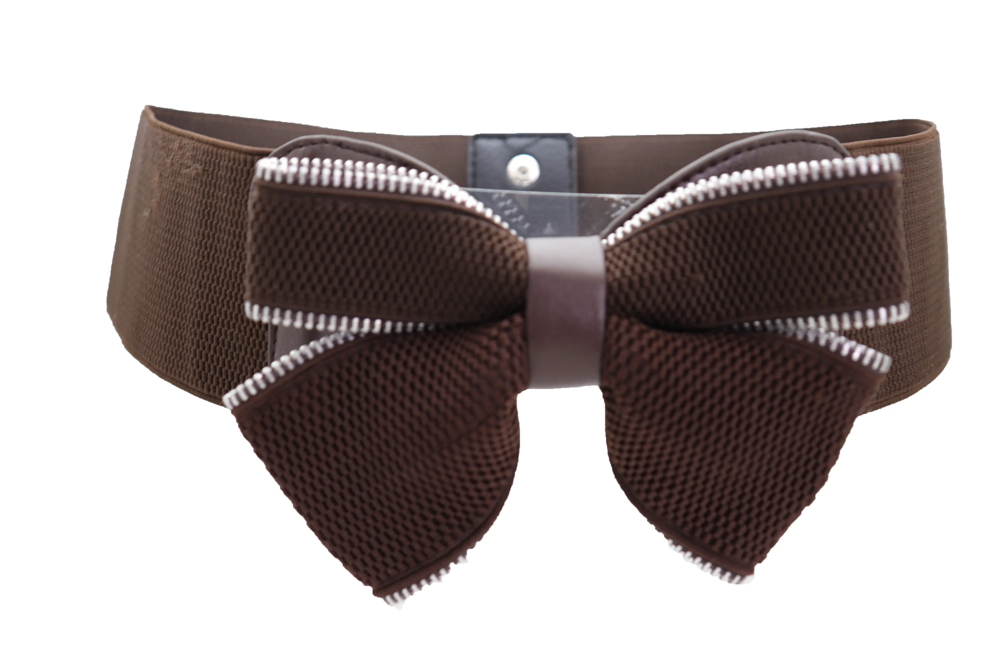 Wide Elastic Brown Bow Tie Fashion Belt Hip High Waist Zipper Fit Size S M