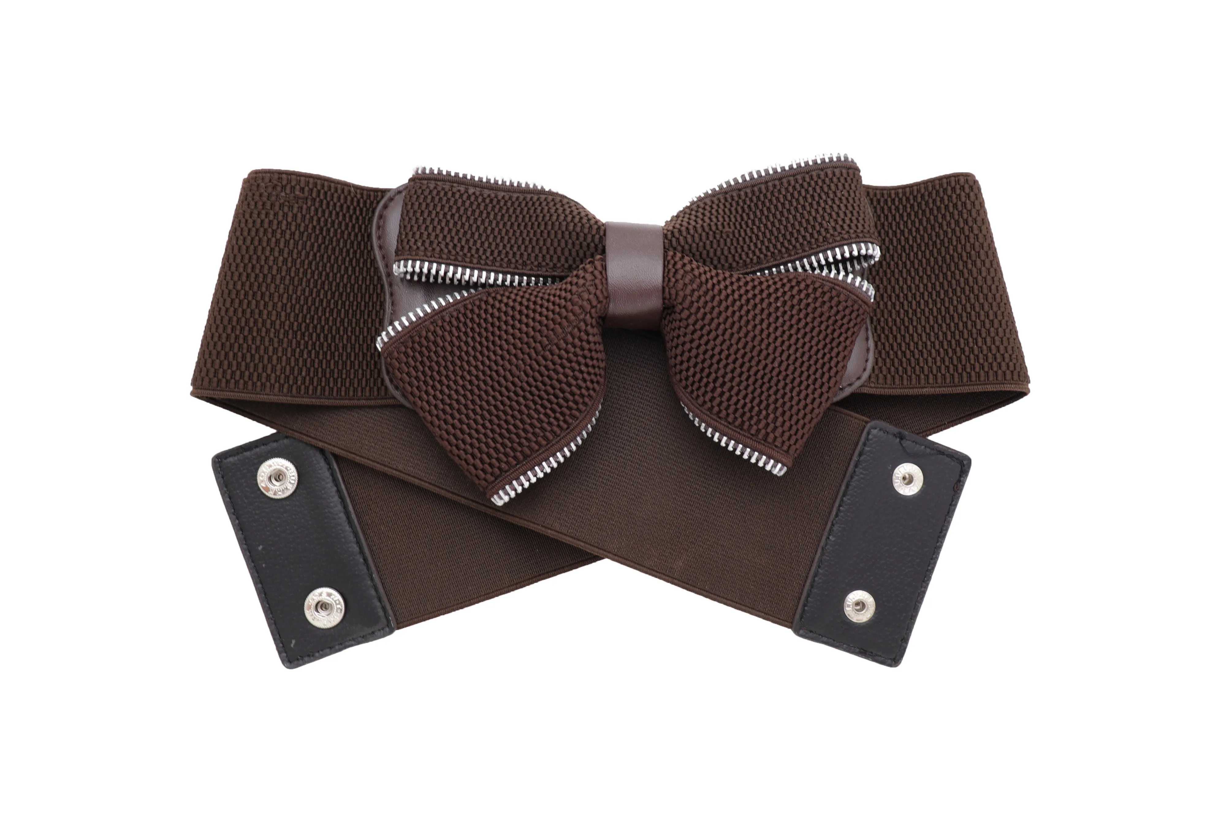 Wide Elastic Brown Bow Tie Fashion Belt Hip High Waist Zipper Fit Size S M