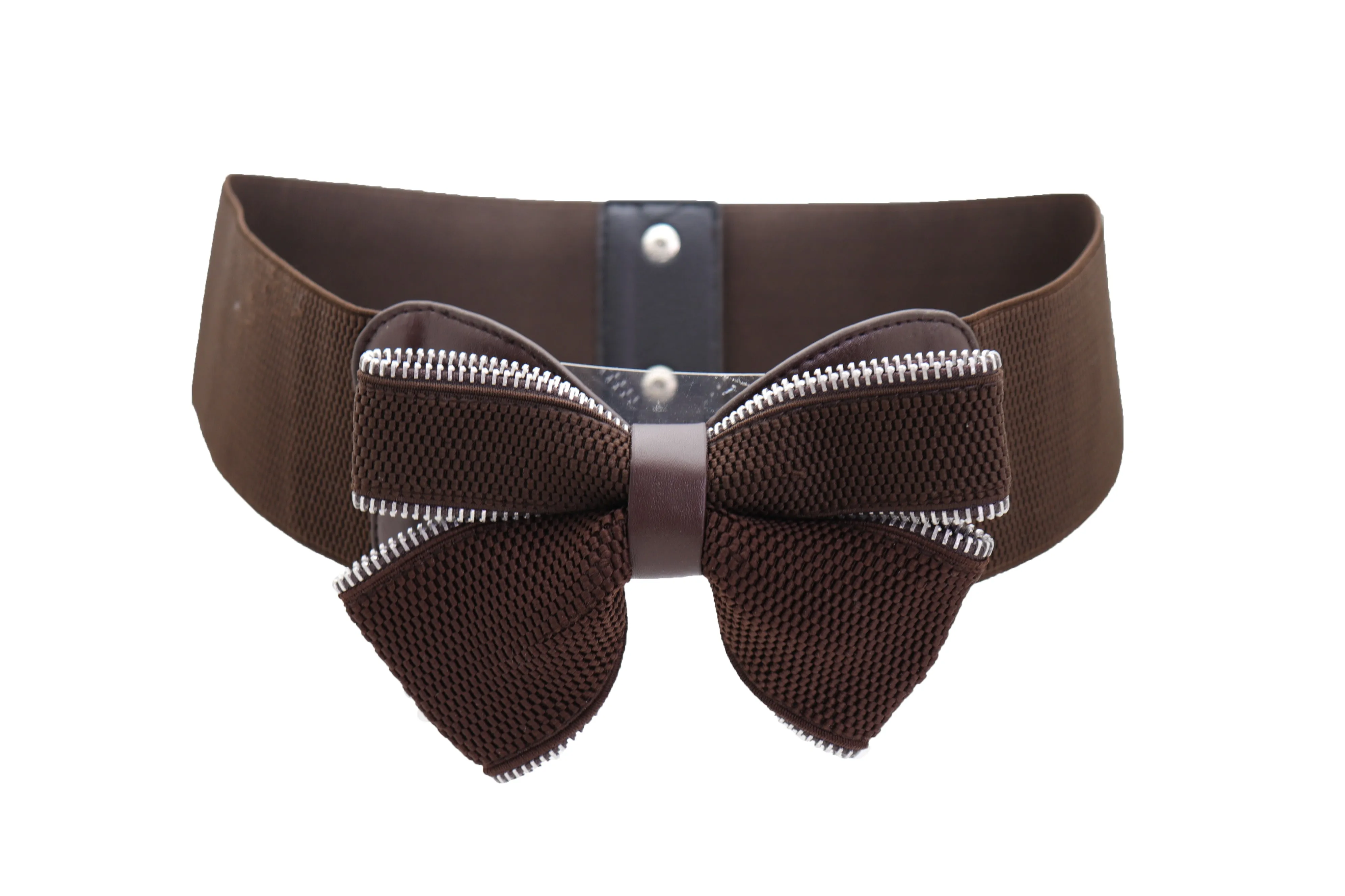 Wide Elastic Brown Bow Tie Fashion Belt Hip High Waist Zipper Fit Size S M