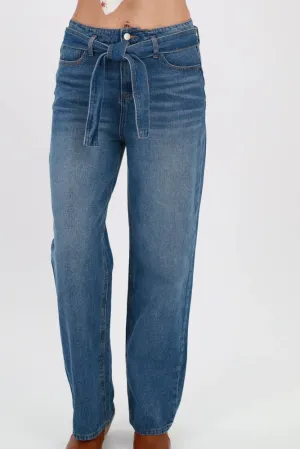 Wide Leg Jeans with Statement Belt - Blue