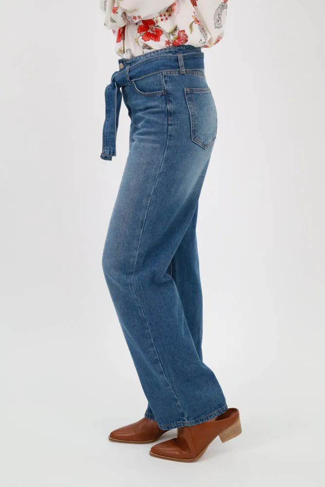 Wide Leg Jeans with Statement Belt - Blue