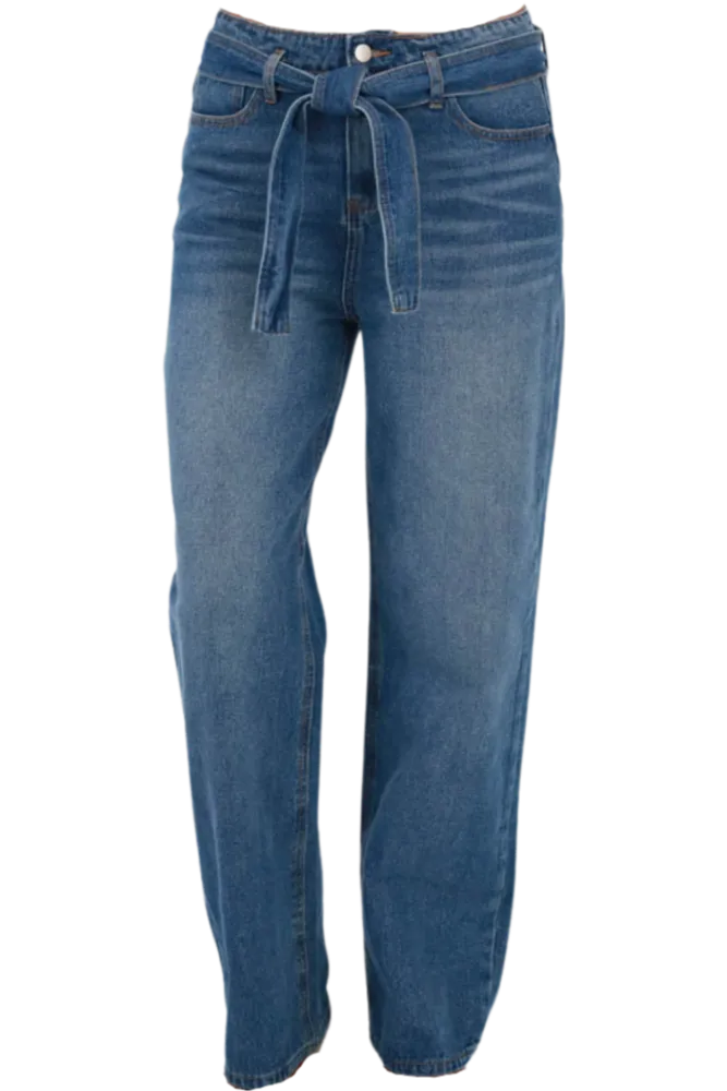 Wide Leg Jeans with Statement Belt - Blue