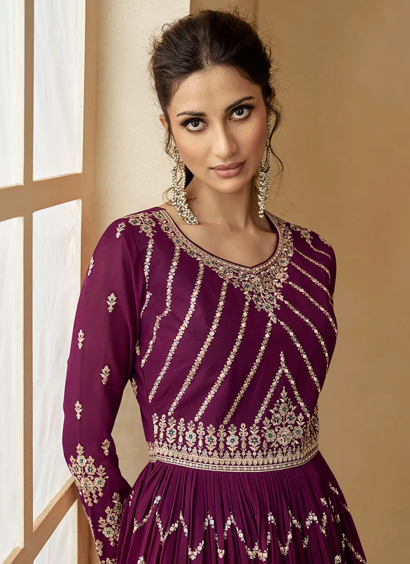 Wine And Turquoise Embroidery Wedding Anarkali Lehenga
