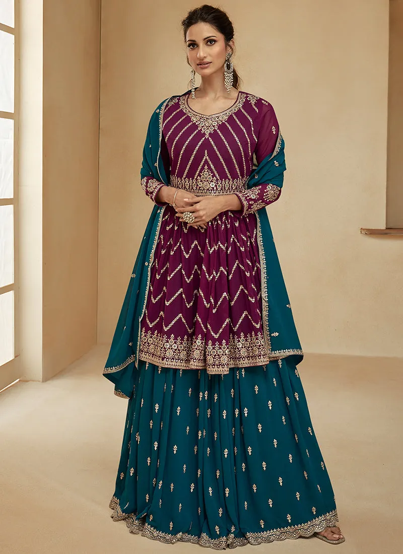 Wine And Turquoise Embroidery Wedding Anarkali Lehenga