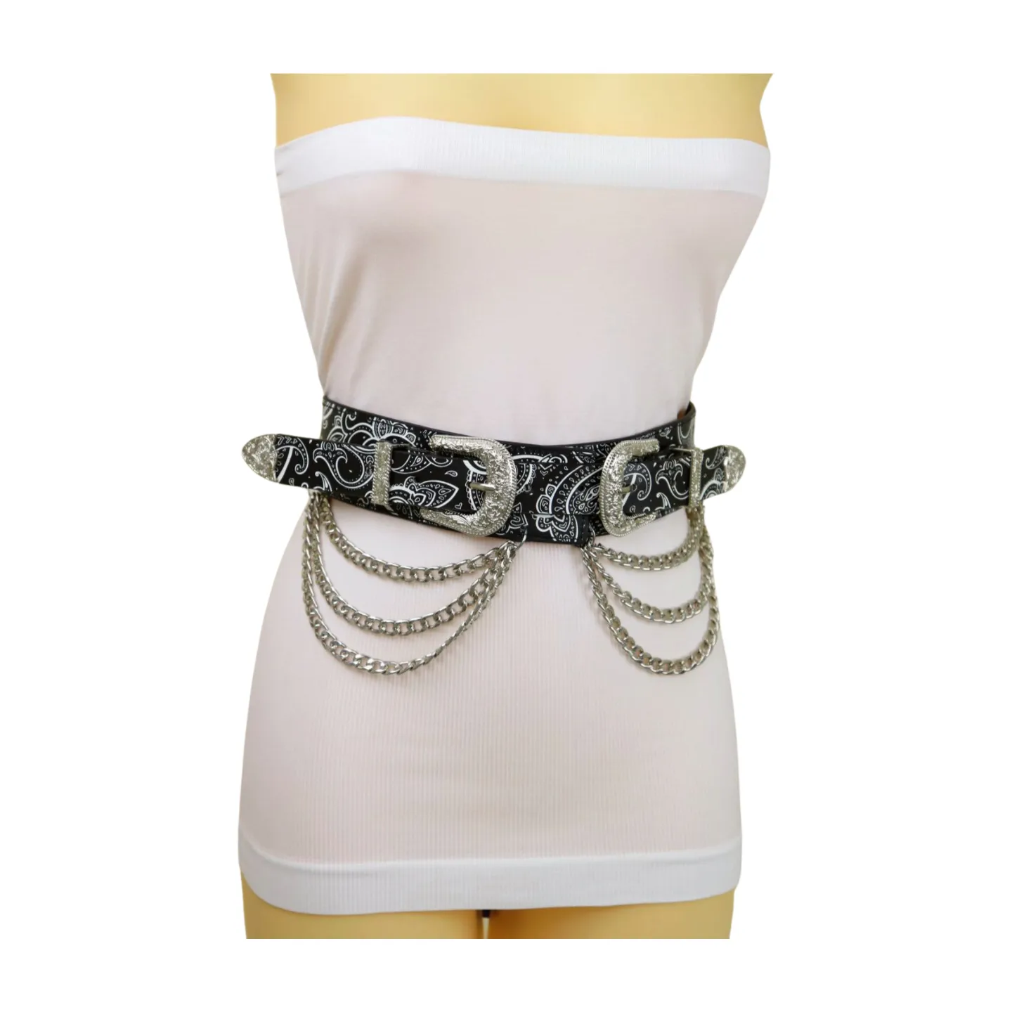 Women Black Elastic Belt Paisley Print Western Double Buckle Chain S M