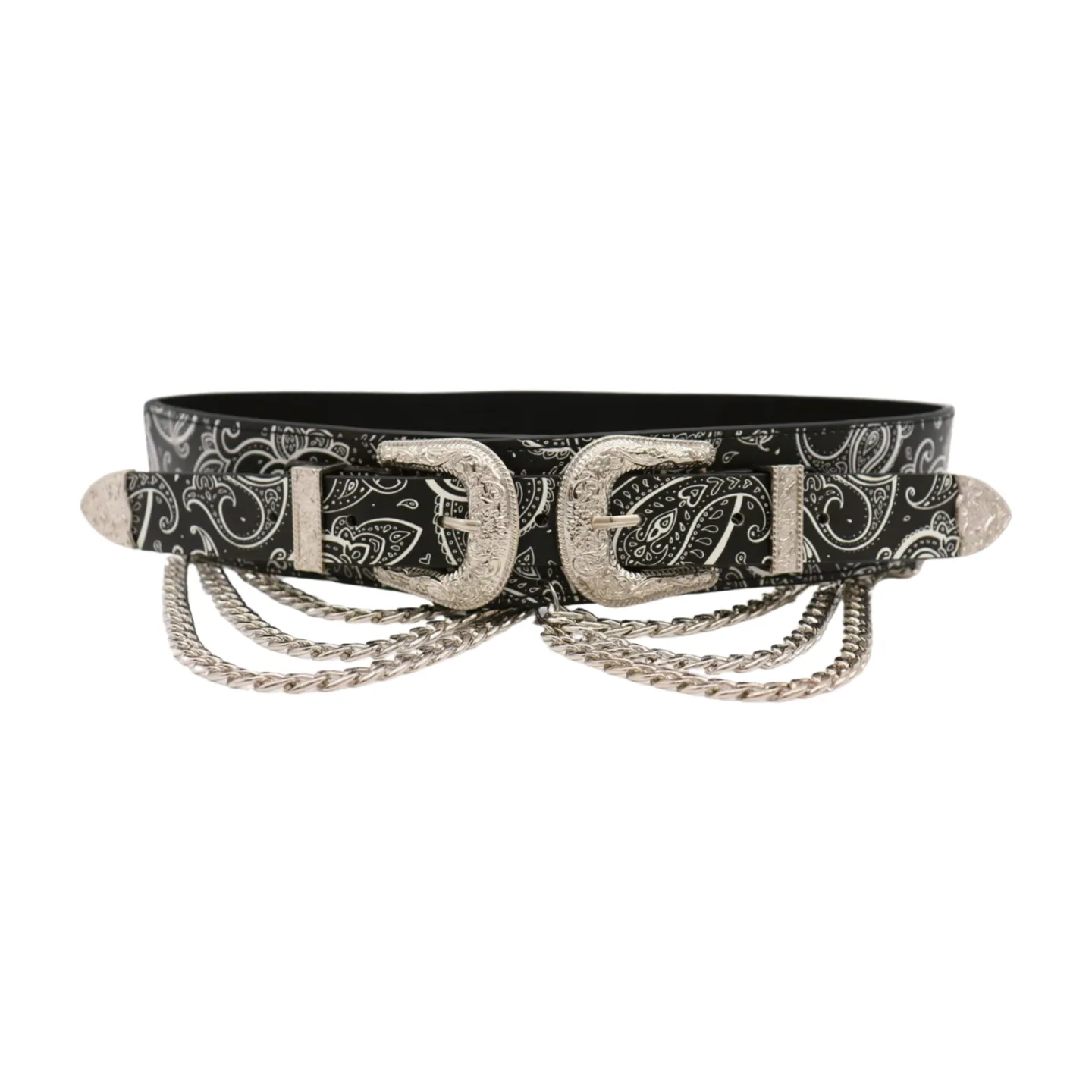 Women Black Elastic Belt Paisley Print Western Double Buckle Chain S M