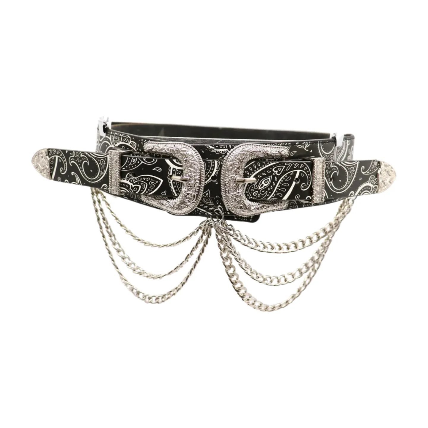 Women Black Elastic Belt Paisley Print Western Double Buckle Chain S M