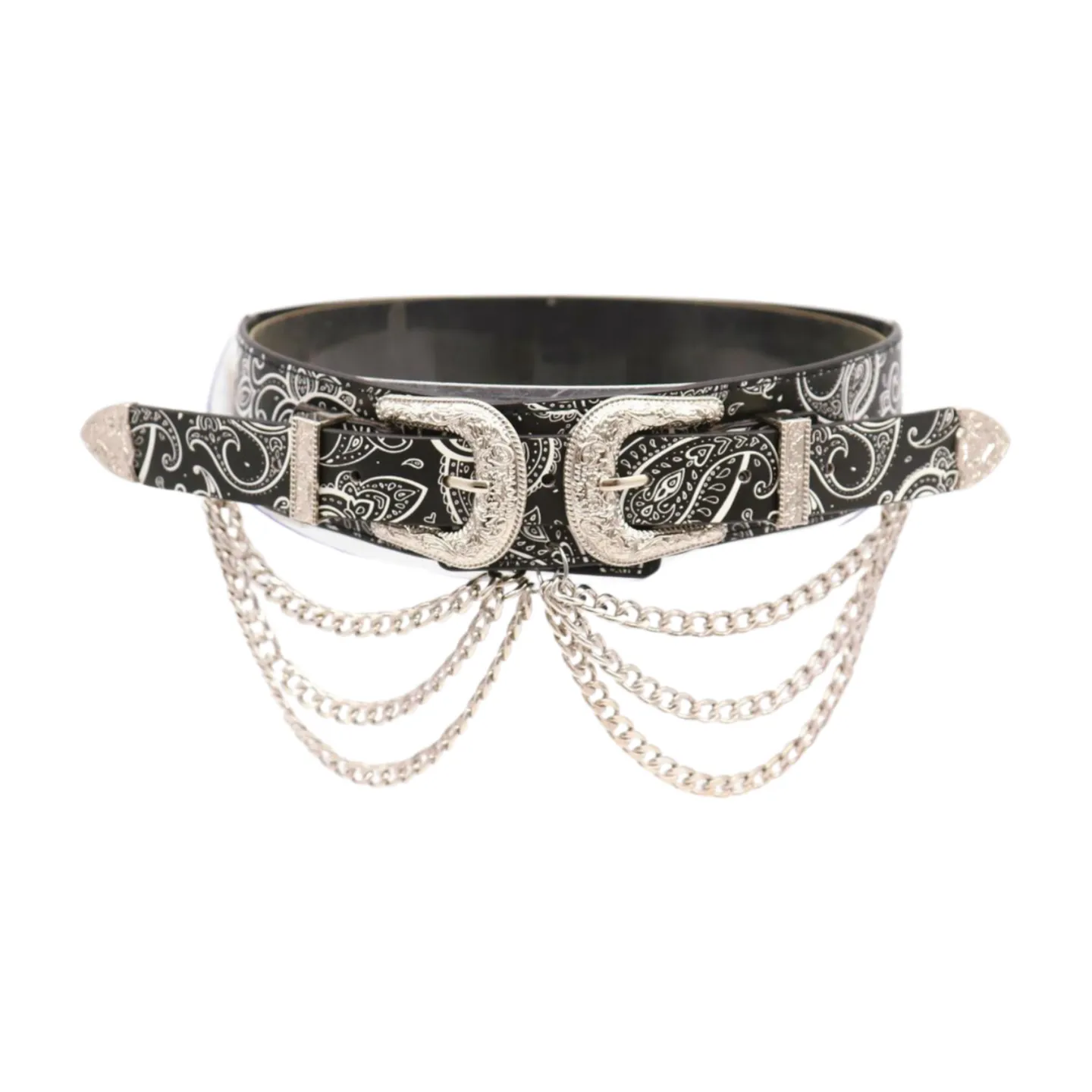 Women Black Elastic Belt Paisley Print Western Double Buckle Chain S M