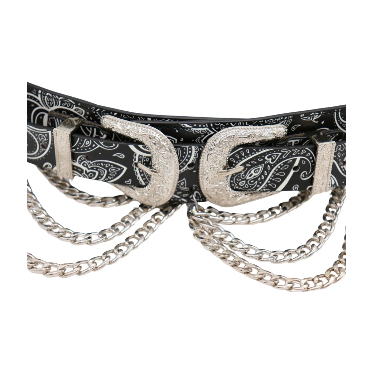 Women Black Elastic Belt Paisley Print Western Double Buckle Chain S M