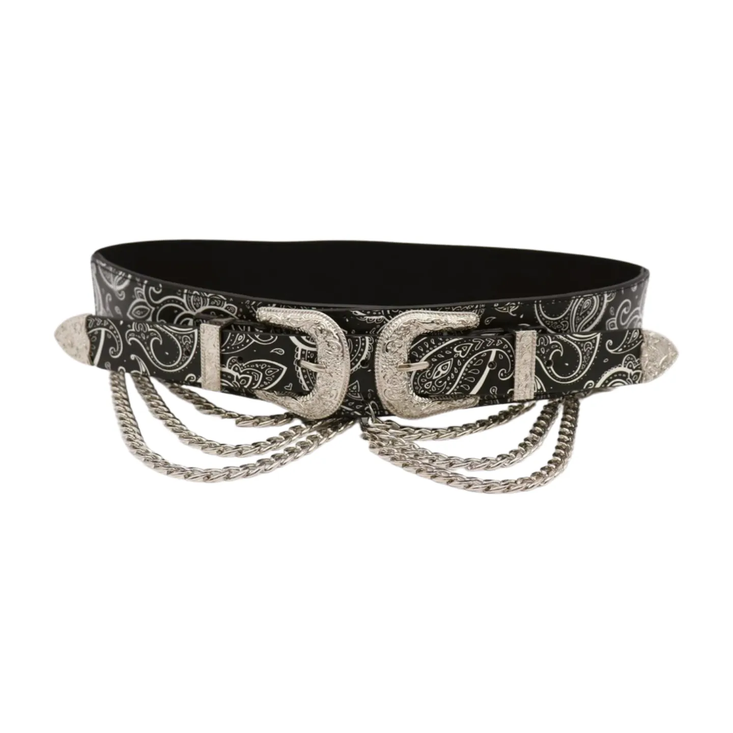 Women Black Elastic Belt Paisley Print Western Double Buckle Chain S M