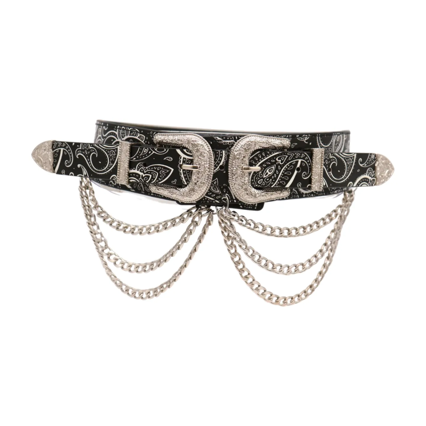 Women Black Elastic Belt Paisley Print Western Double Buckle Chain S M