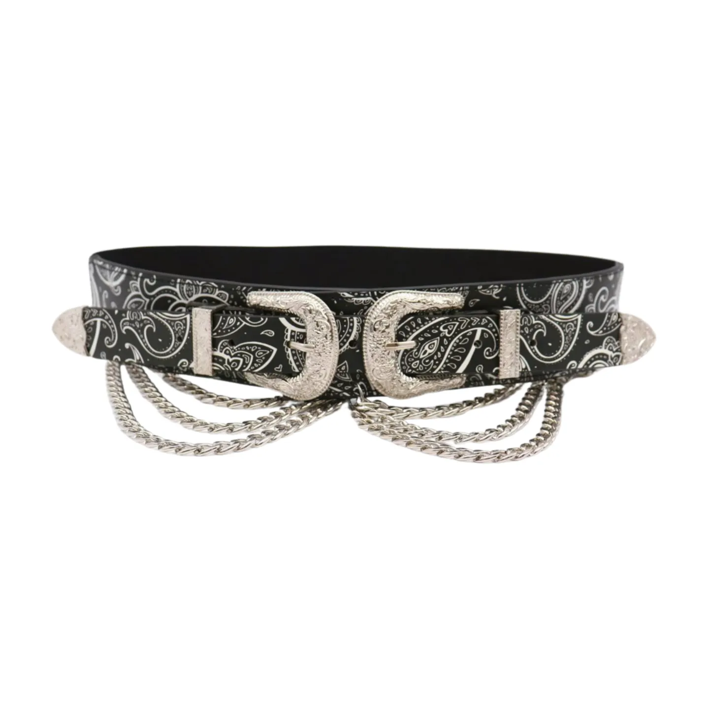 Women Black Elastic Belt Paisley Print Western Double Buckle Chain S M