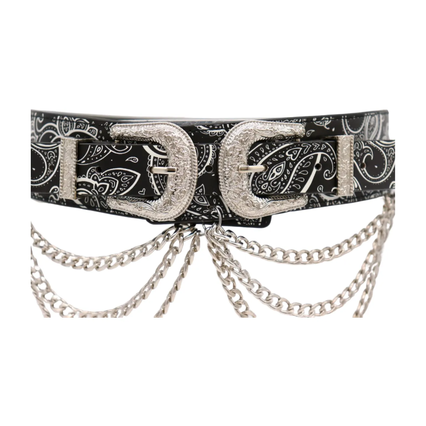 Women Black Elastic Belt Paisley Print Western Double Buckle Chain S M