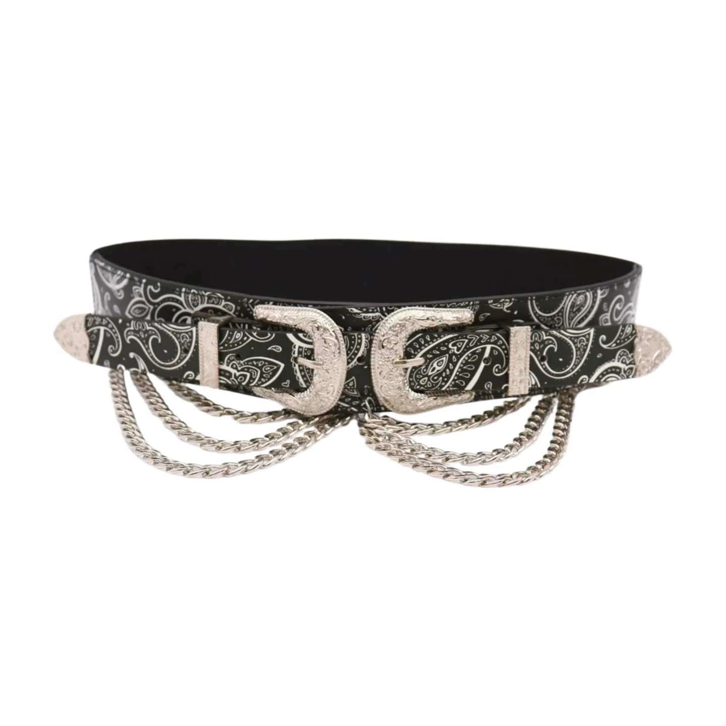 Women Black Elastic Belt Paisley Print Western Double Buckle Chain S M