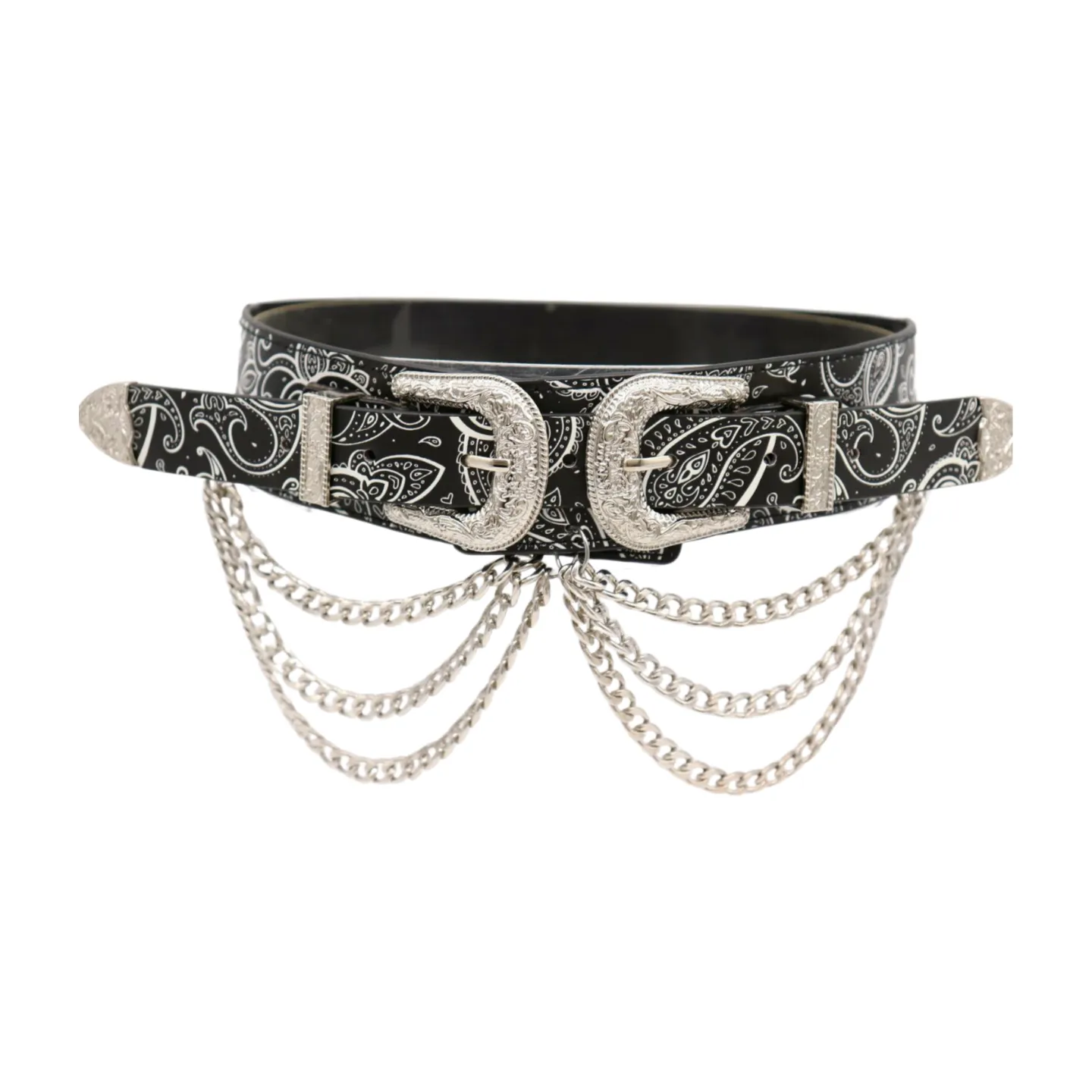 Women Black Elastic Belt Paisley Print Western Double Buckle Chain S M