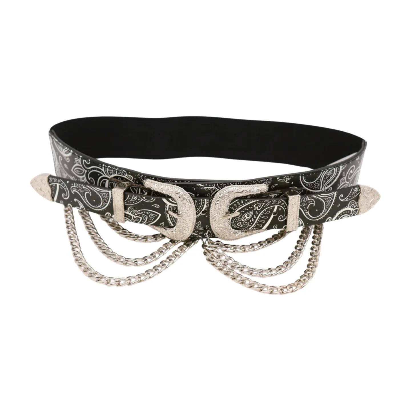 Women Black Elastic Belt Paisley Print Western Double Buckle Chain S M