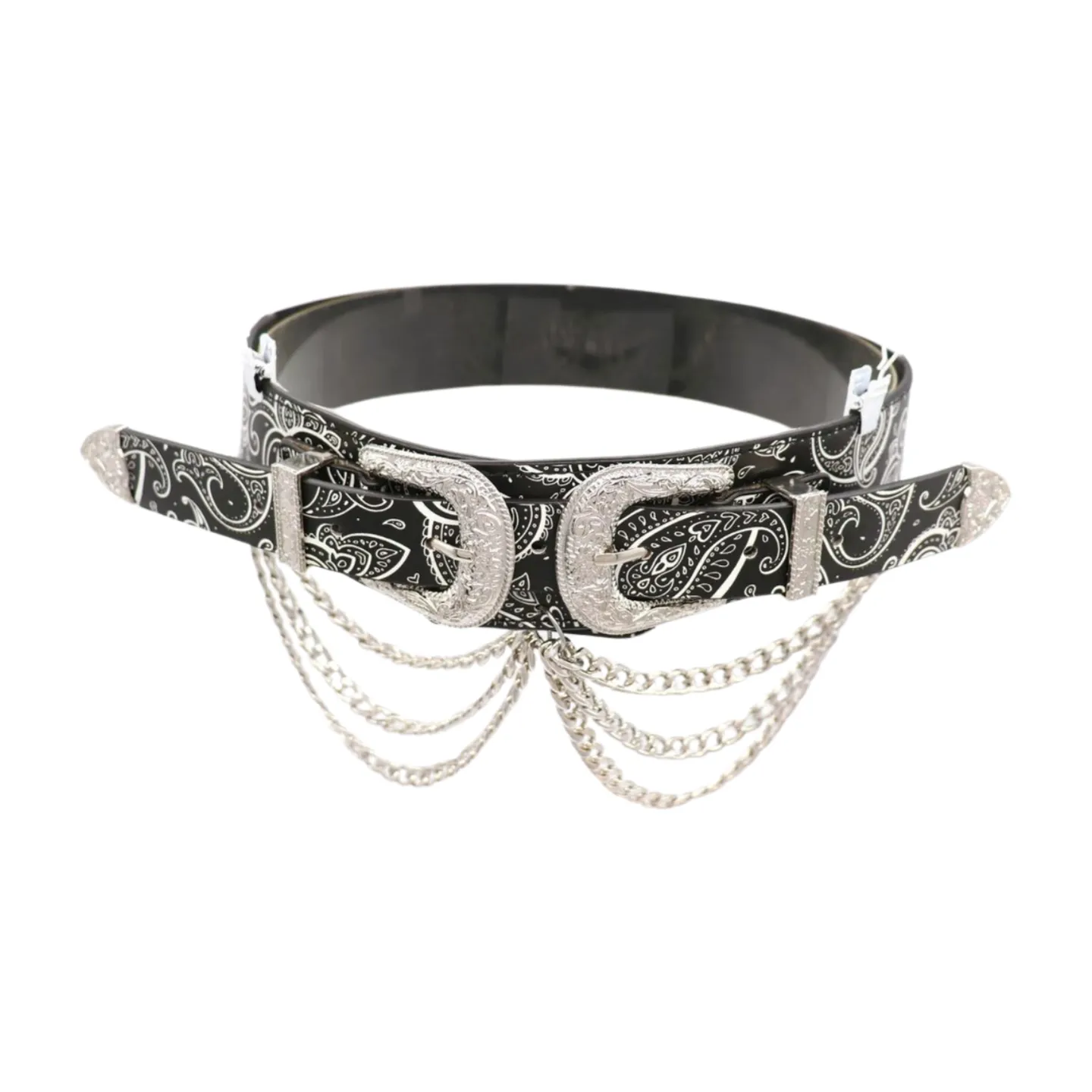 Women Black Elastic Belt Paisley Print Western Double Buckle Chain S M